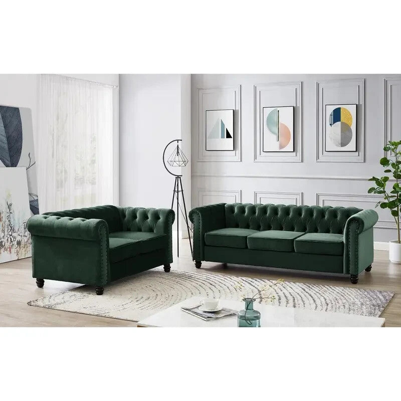 Green Velvet Chesterfield 2 Seater Sofa Tufted Scroll Arm UK Ready