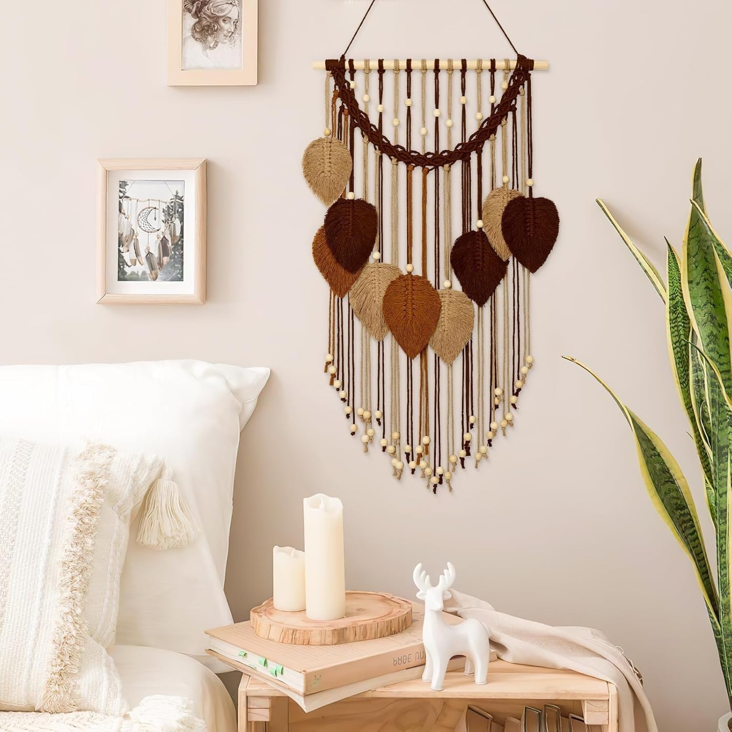 Macrame Wall Hanging Boho Leaf Woven Decor Khaki Brown