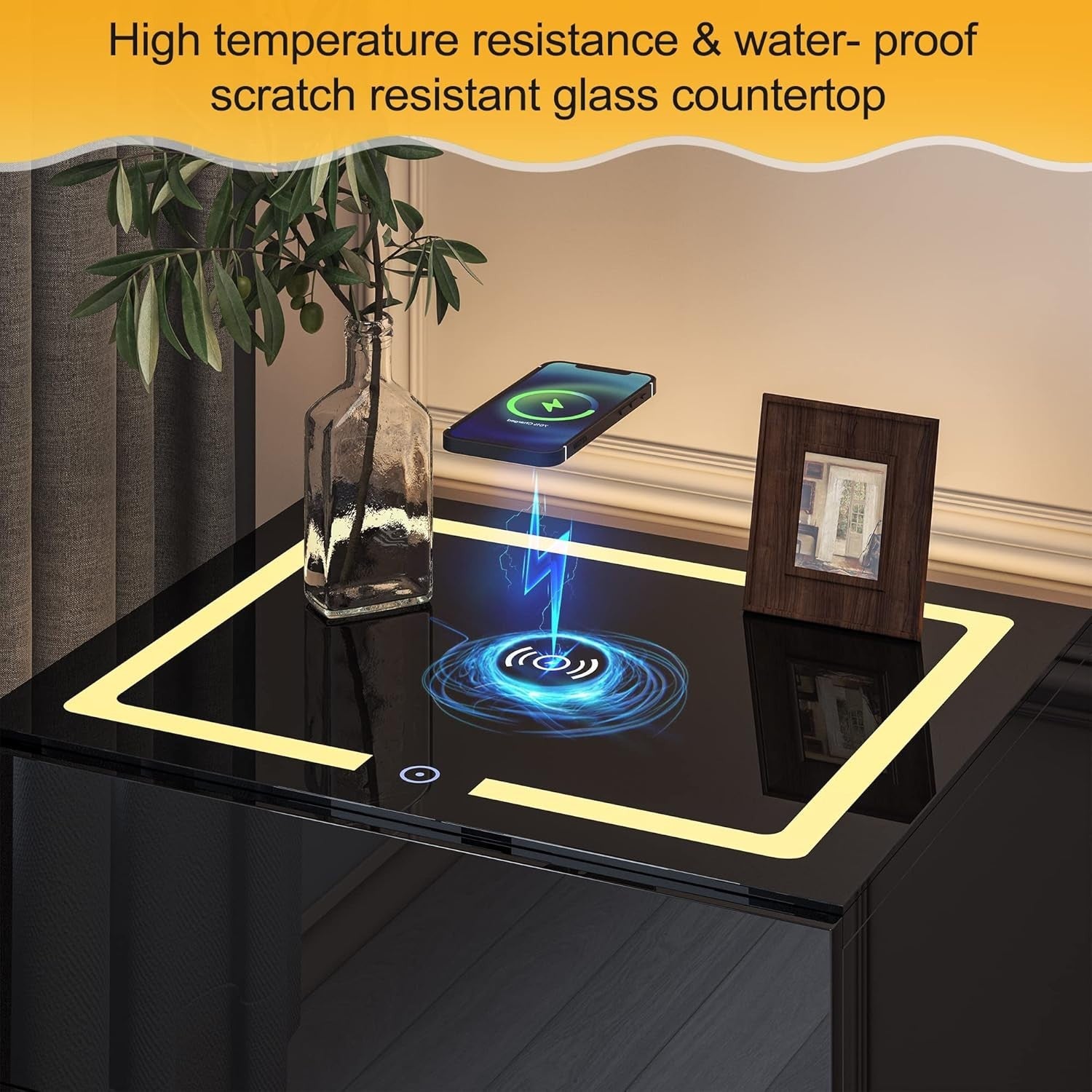 Black High Gloss Bedside Table with Wireless & USB Charging, LED Light, 3 Drawer
