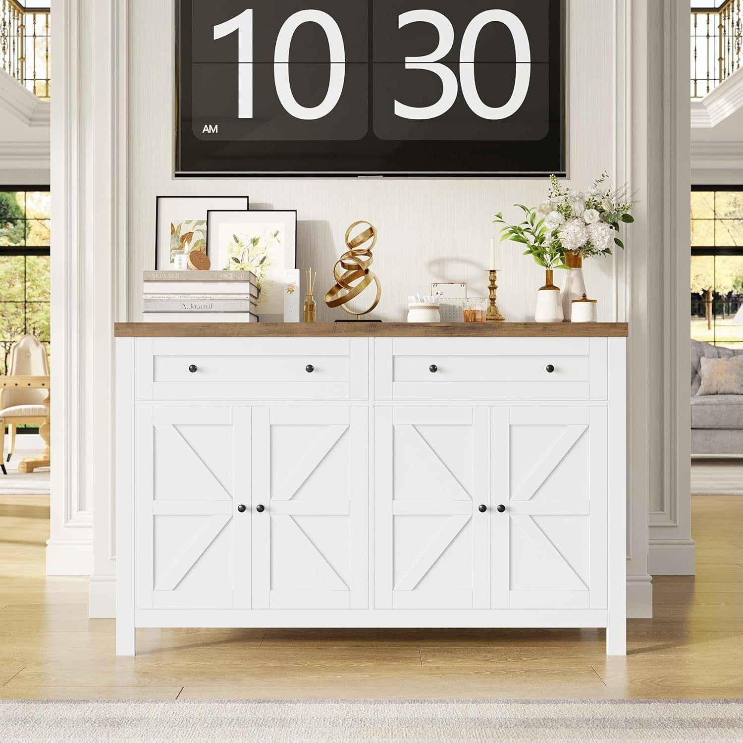 Modern White Sideboard with Adjustable Shelf 2 Drawers 4 Compartments