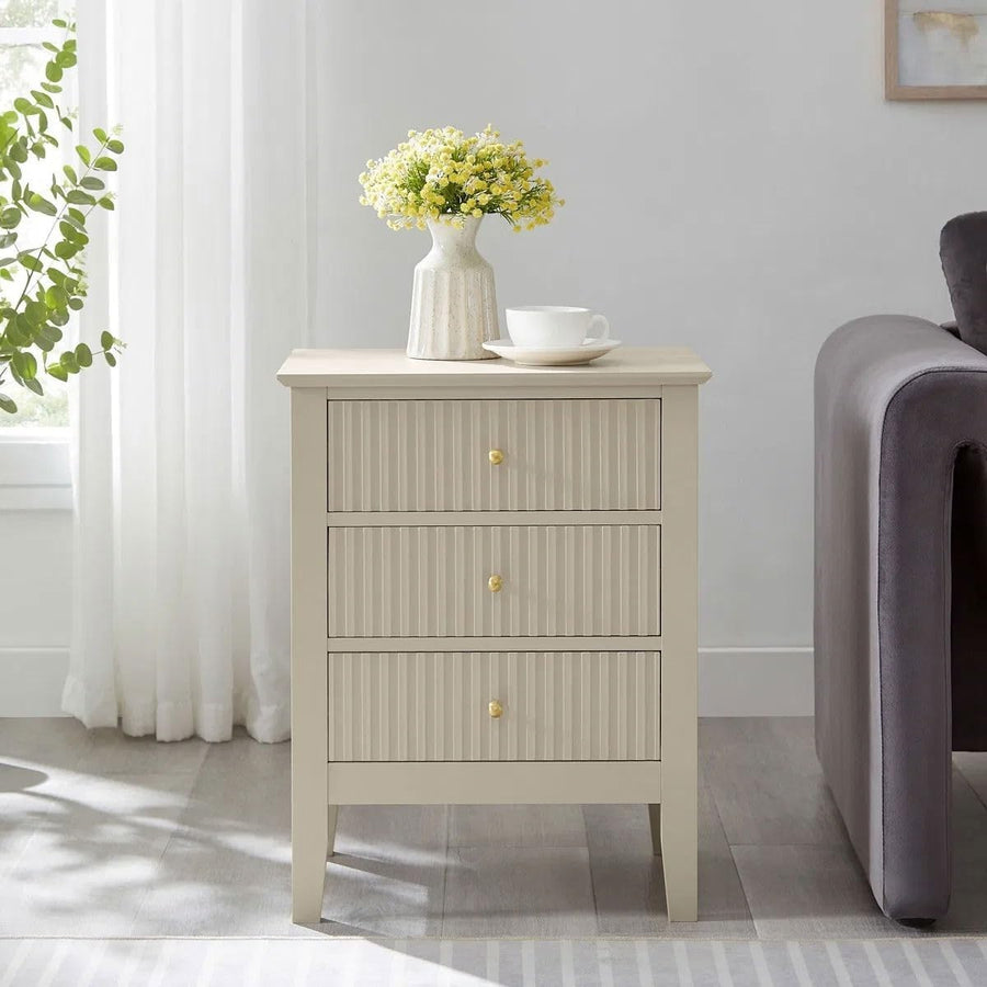 3 Drawer Taupe Bedside Table with Gold Knobs – Modern Bedroom Storage