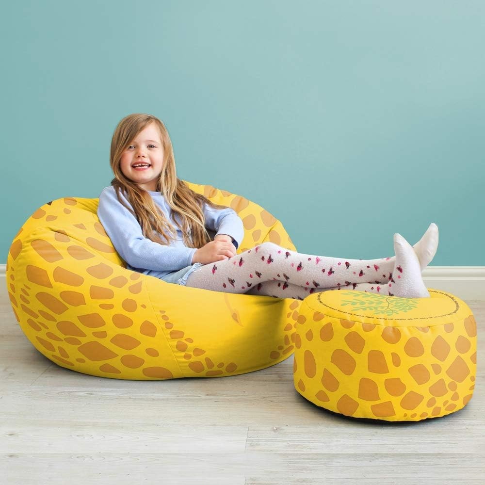 Kids Giraffe Bean Bag Chair with Footstool Safe Washable Playroom Seat