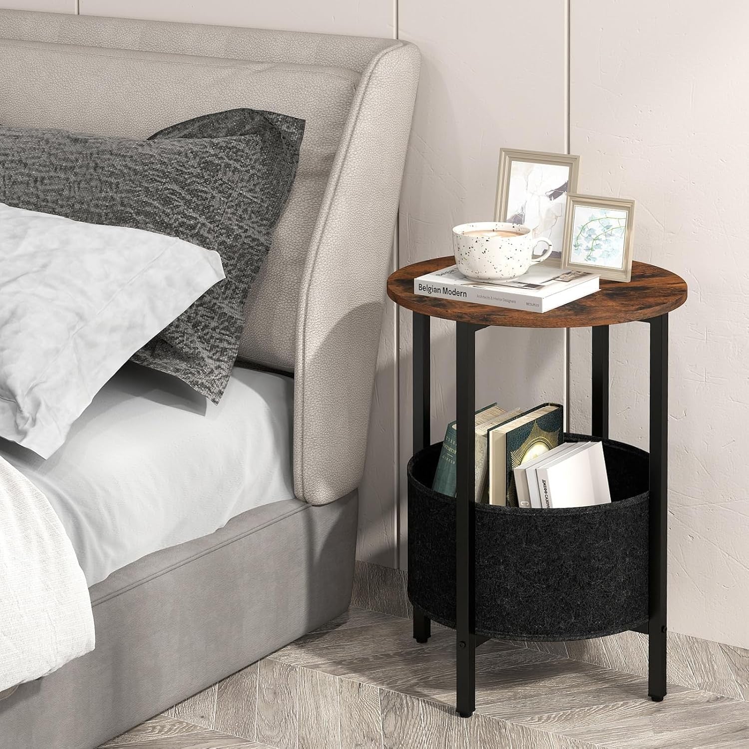 Round Rustic Bedside Table with Fabric Storage Basket & Metal Frame – 2-Tier Sid