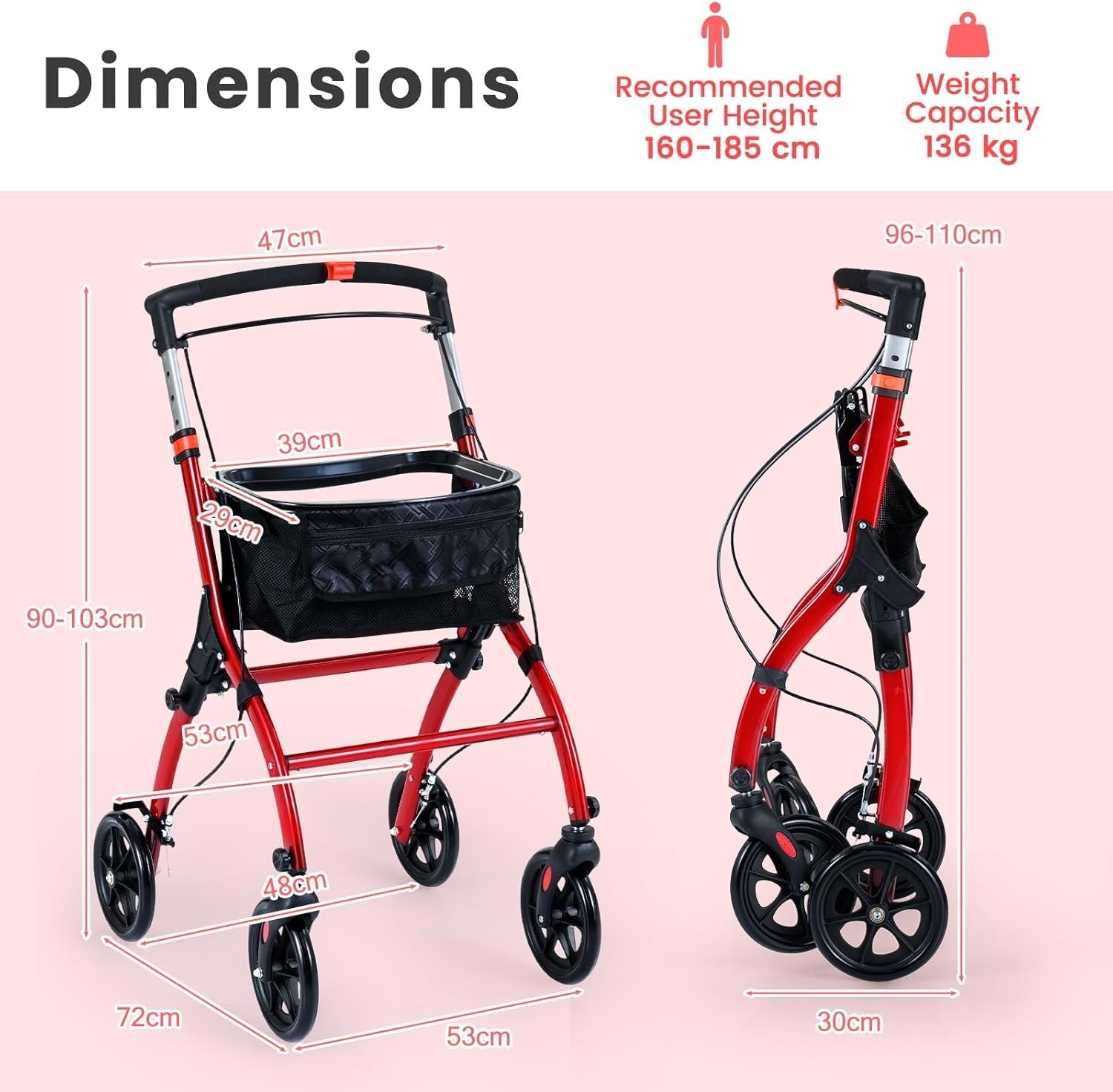 Lightweight 4 Wheel Rollator Walker Folding Mobility Aid Basket & Brakes
