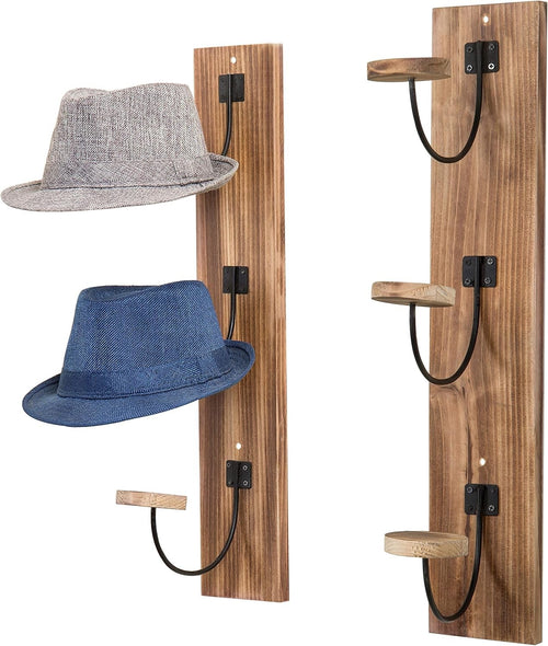 Set of 2 Wall Mounted Coat Hat Racks Light Wood Metal Hooks Rustic 61cm
