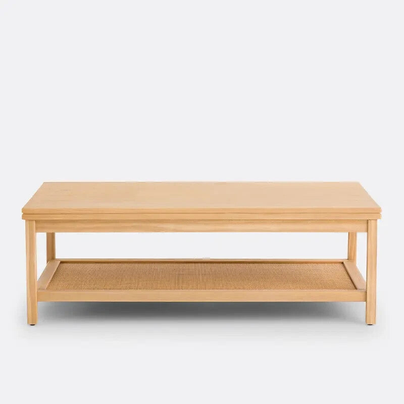 Scandi Pine Cane Coffee Table 120x60cm Double Shelf Natural Wood Look