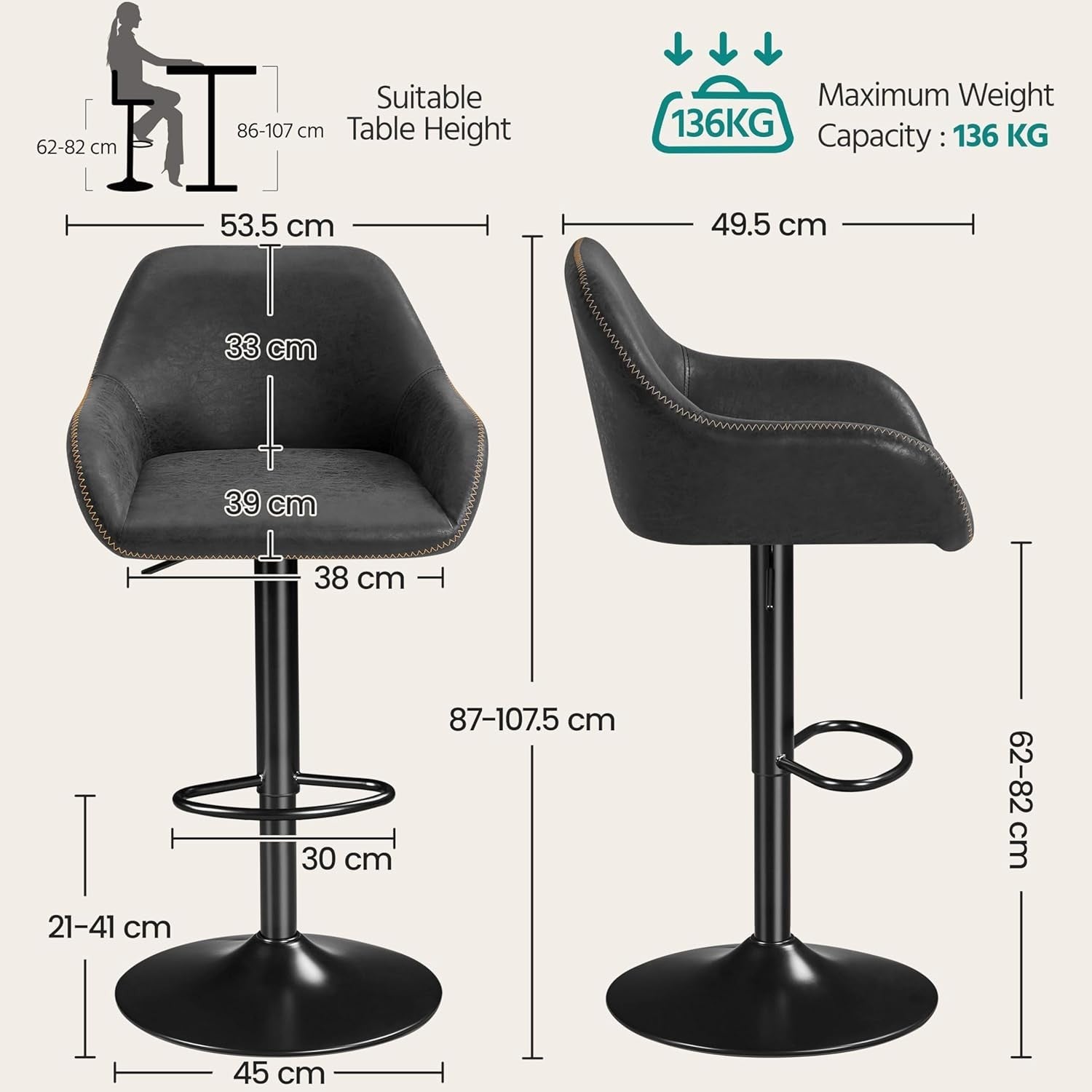 Adjustable Black Leather Bar Stools Set of 2 Swivel Counter Chairs