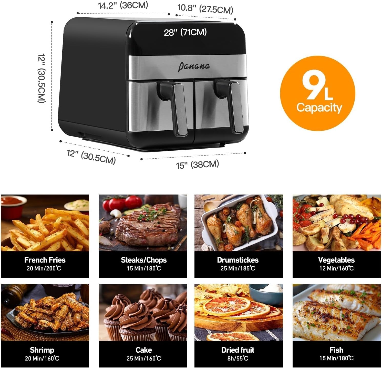 Dual Basket Air Fryer 9L 2400W Sync Cook 8 Presets Oil Free Touch Menu