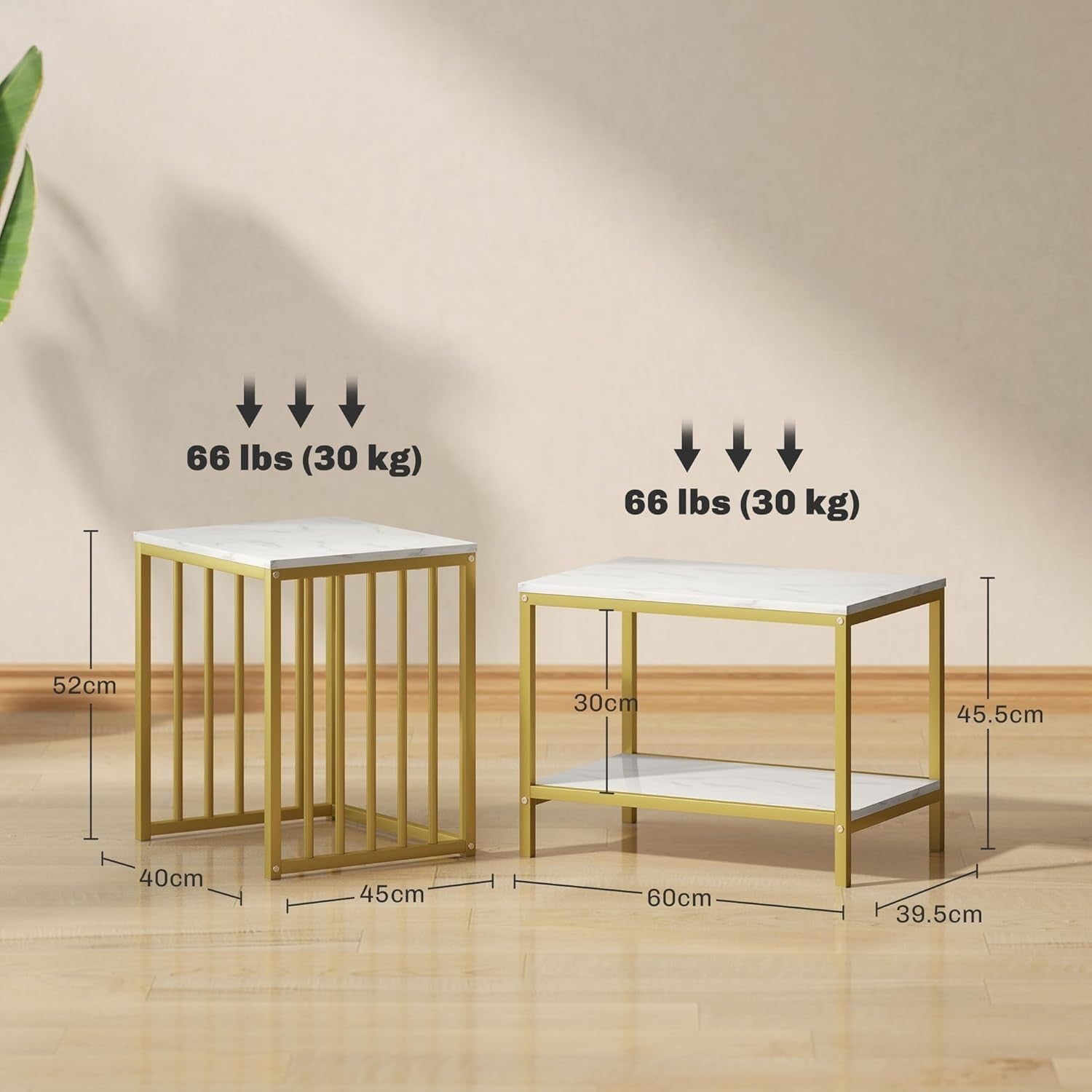 Nest of 2 Side End Coffee Tables Gold Metal Frame Wood Top Bedroom Living Room