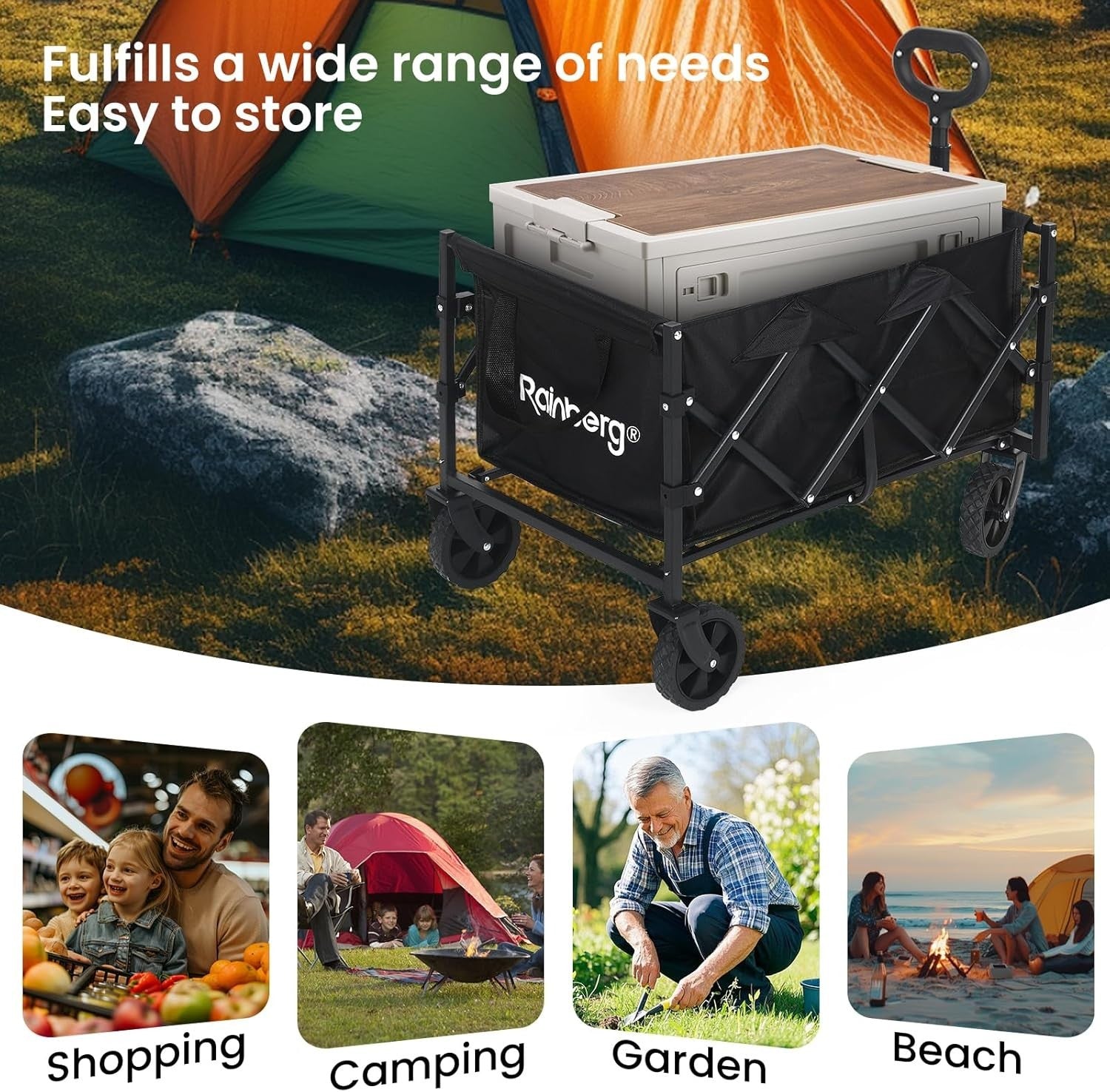 Black Folding Festival Wagon 78L Heavy Duty Garden Beach Camping Trolley 80kg