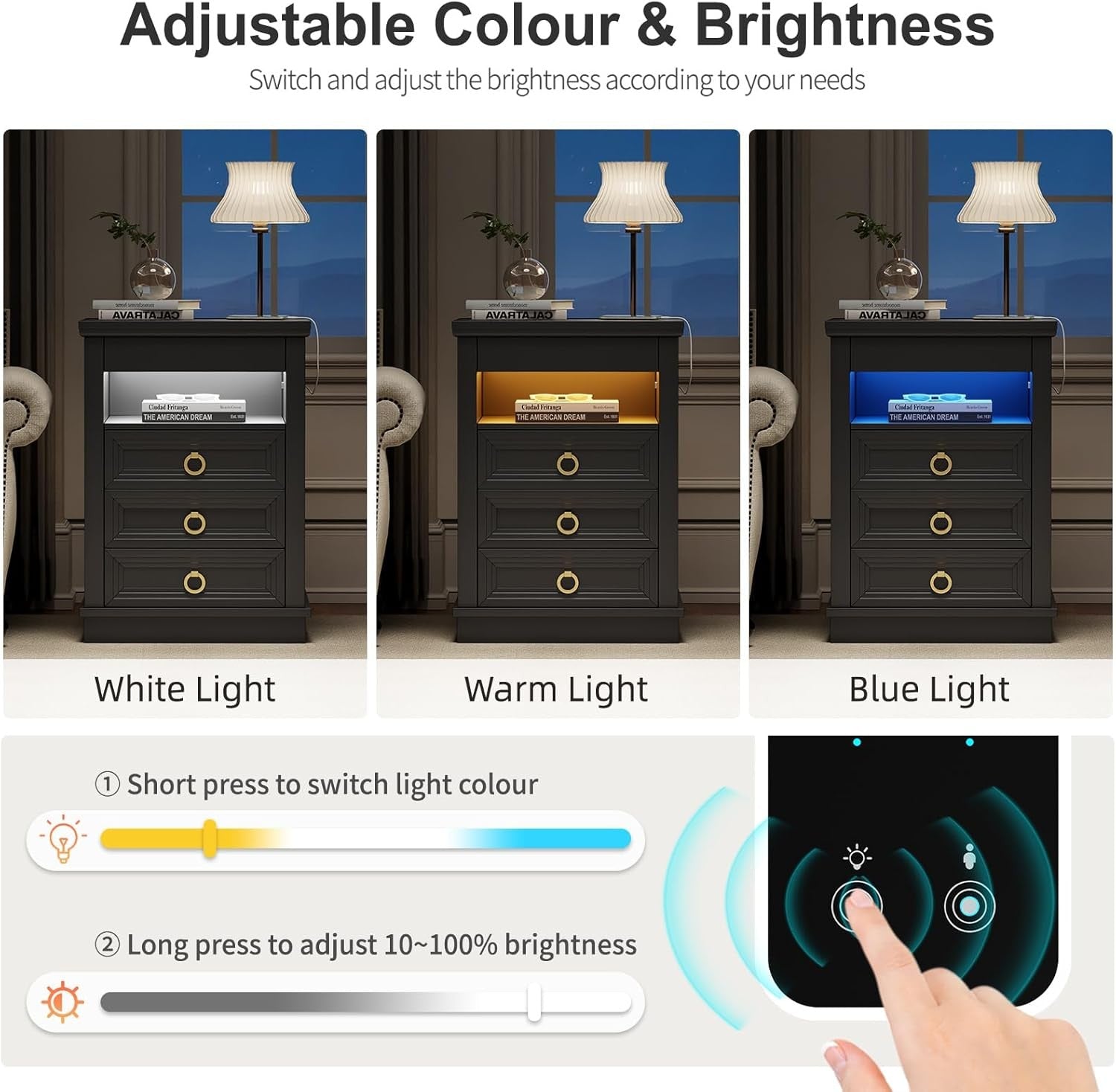 Black Smart Bedside Table with Wireless Charging, LED Lights & 4 Drawers Storage