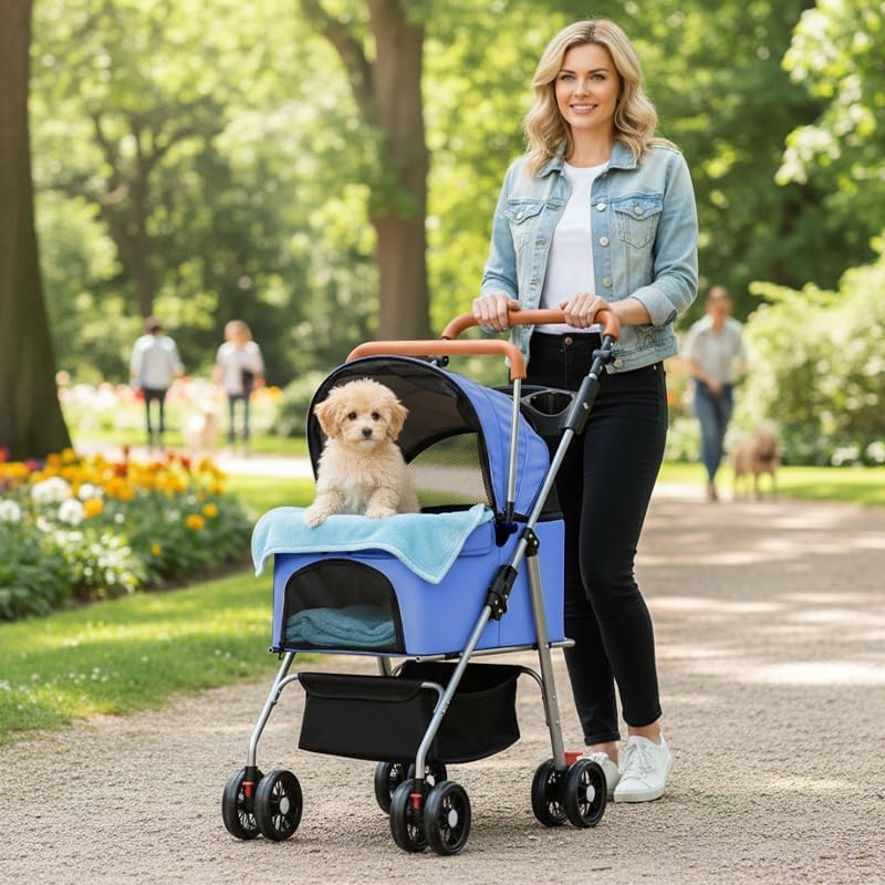 Pet Travel Stroller Dog Cat Pushchair Foldable 360° Wheels 15kg Blue