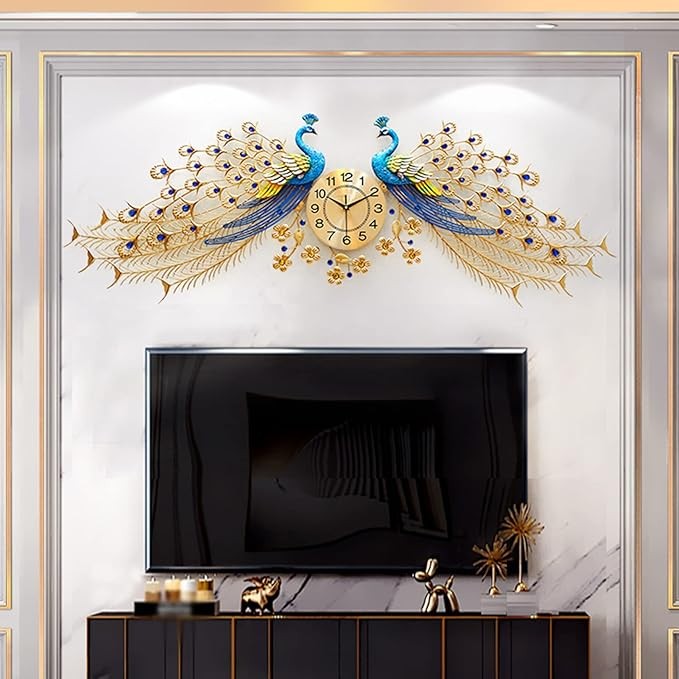 Large Twin Peacock Wall Clock 156cm Luxury Metal Art Silent Modern Home Decor