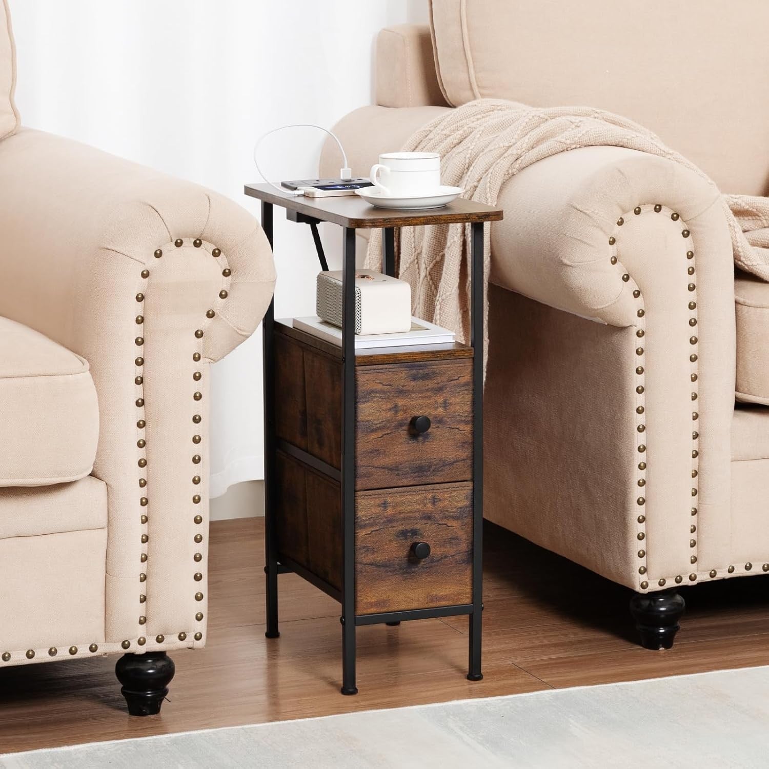 Rustic Slim Bedside Table with Charging Station, 2 Drawers & Open Shelf Storage