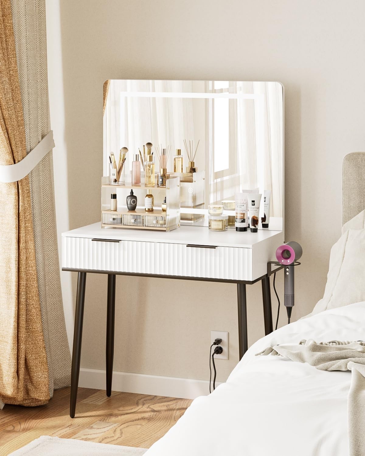 Vanity Dressing Table with LED Light Mirror Makeup Desk 2 Drawers Gold Accents