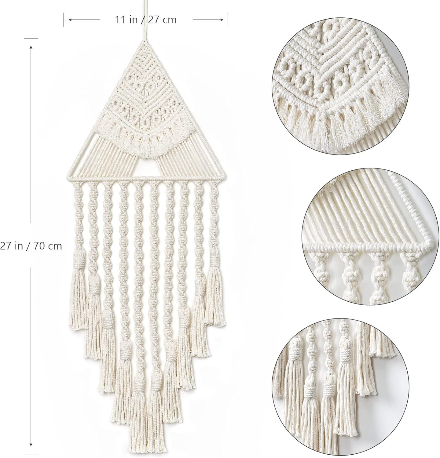 Beige Triangle Macrame Wall Hanging 27" Cotton Tassel Tapestry