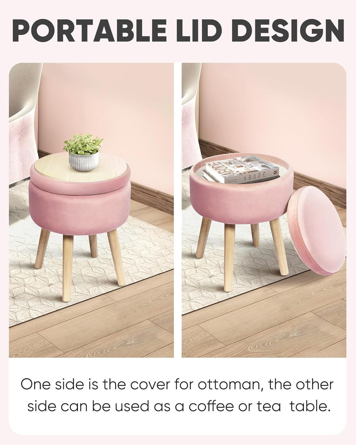 Pink Velvet Round Storage Ottoman Stool Flip-Top Footrest Coffee Table Seat