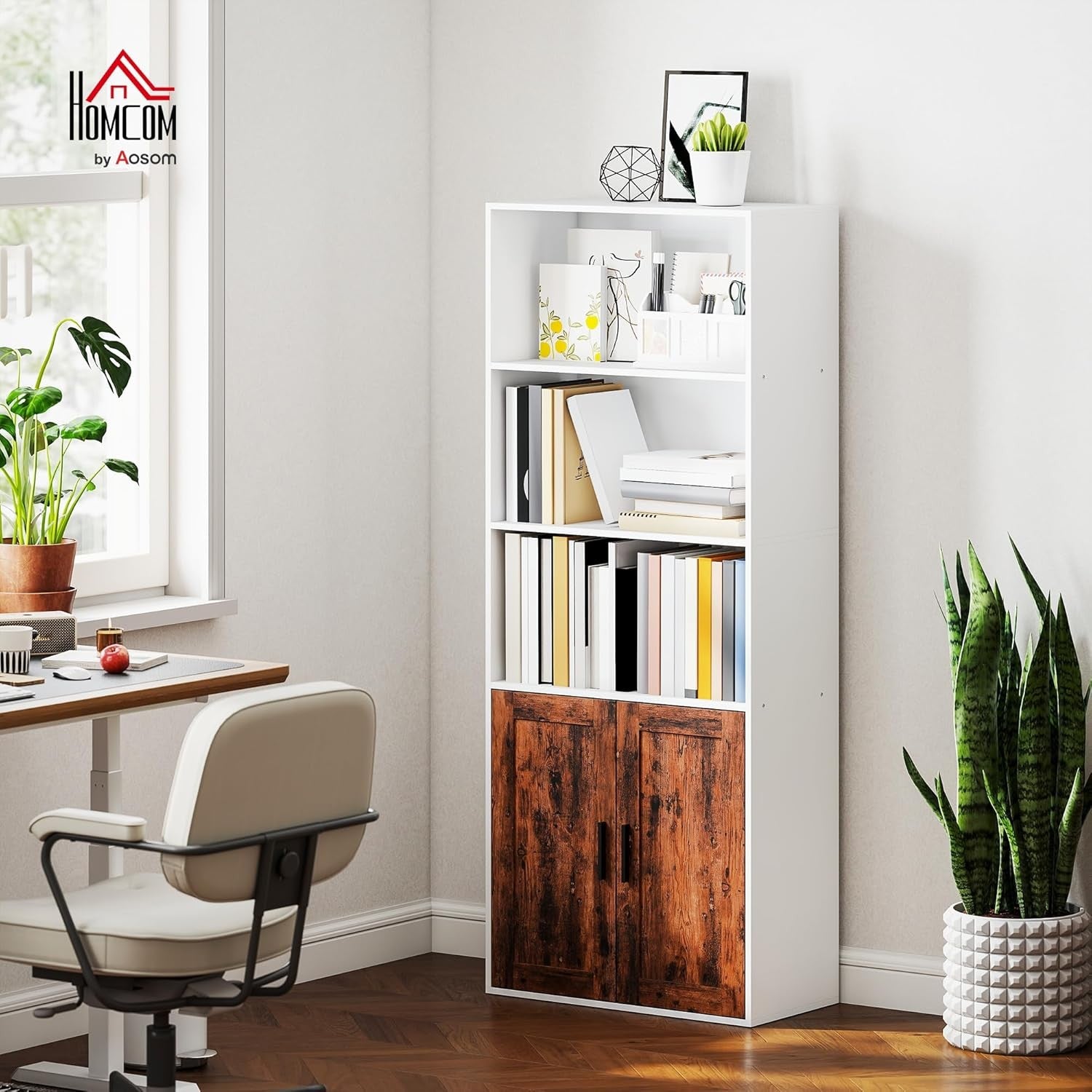Tall 5-Tier Bookcase with Doors, Adjustable Shelf, Rustic Storage Unit for Home