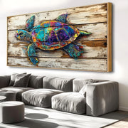 Sea Turtle Abstract Wall Art – Large Framed Canvas Painting 40x20in