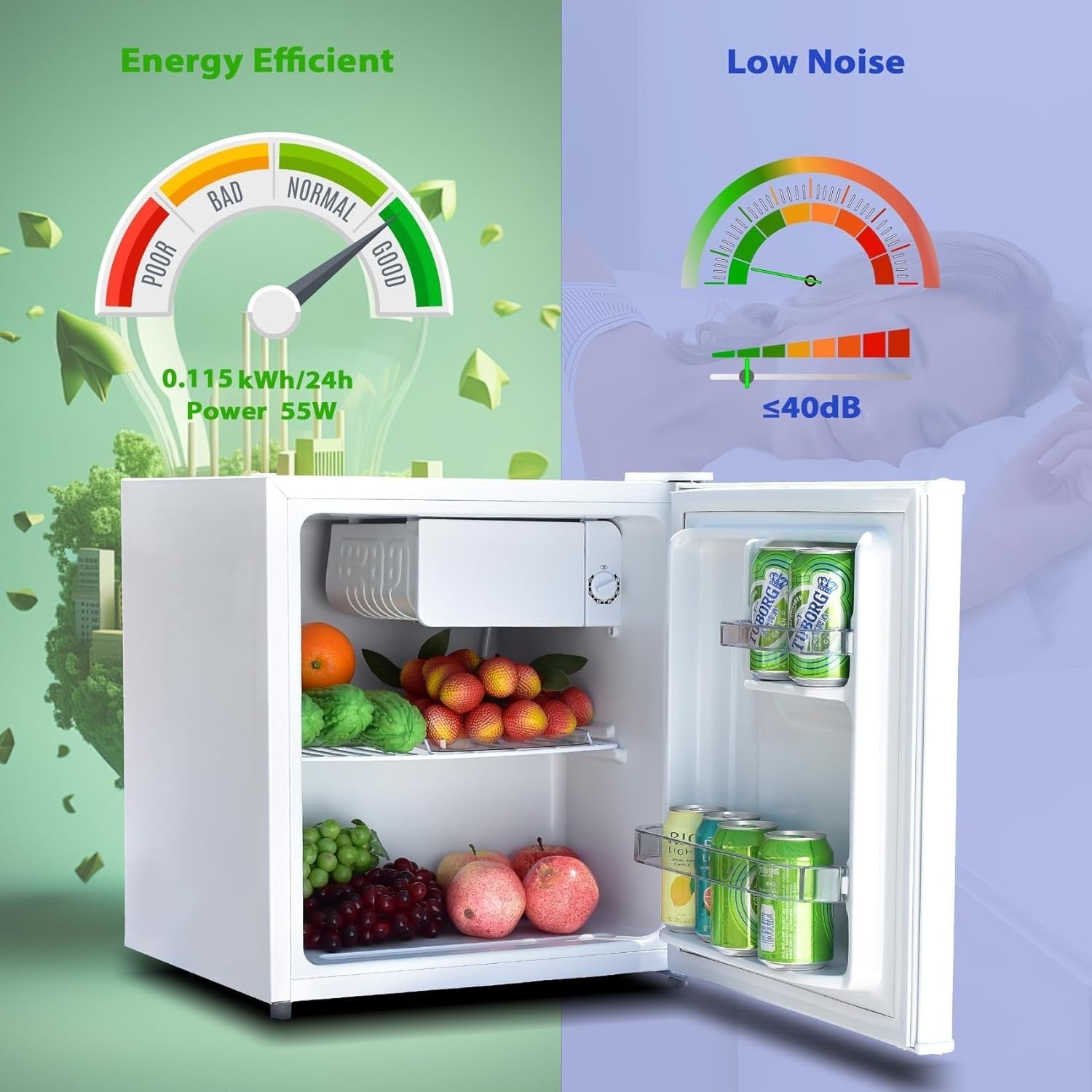 48L Mini Fridge Small Table Top Counter Fridge Low Noise Portable White