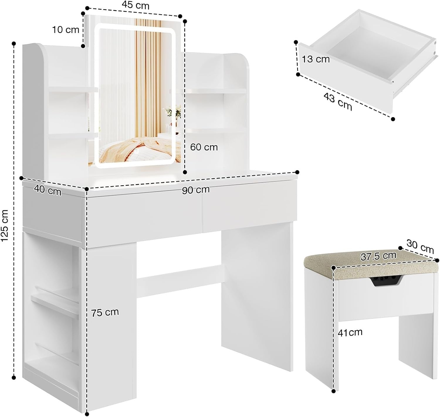 Modern Vanity Dressing Table Set White LED Mirror Stool Storage Drawers Shelves