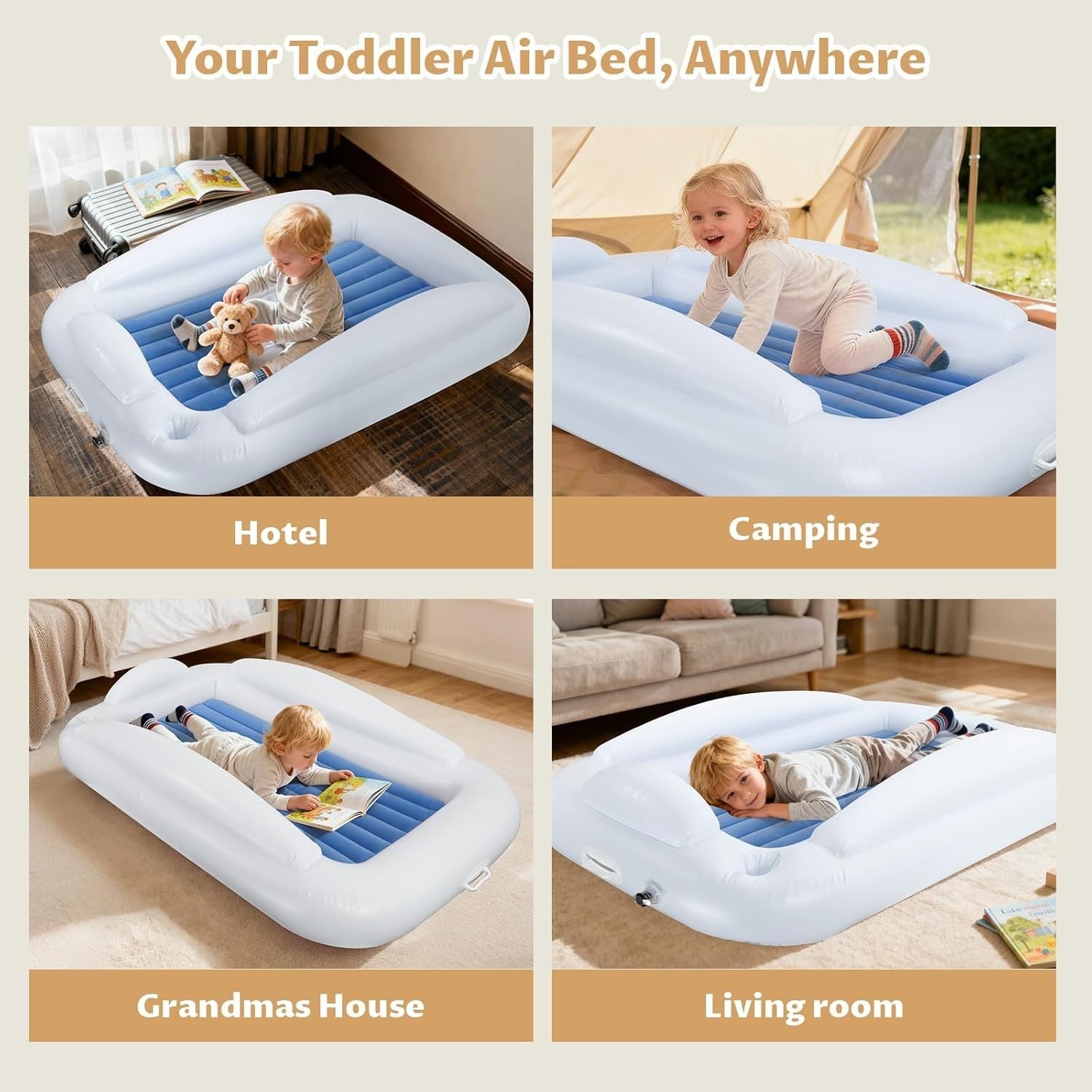 Inflatable Toddler Travel Bed with Safety Bumpers 63” Air Mattress