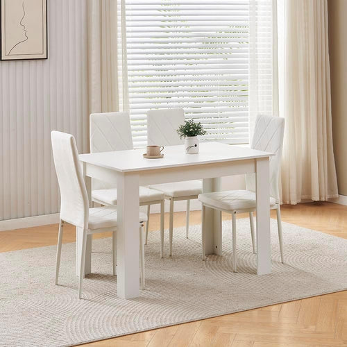 White Dining Table & 4 Velvet Chairs Space-Saving Kitchen Set Modern Design
