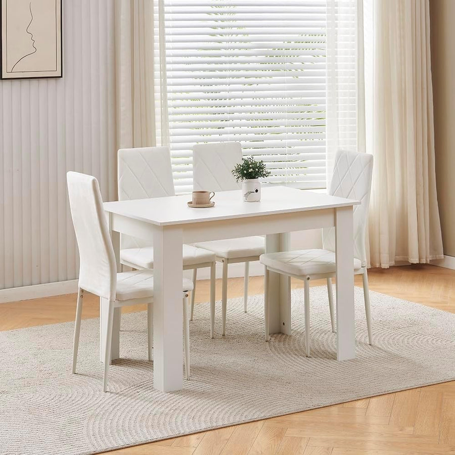 White Dining Table & 4 Velvet Chairs Space-Saving Kitchen Set Modern Design