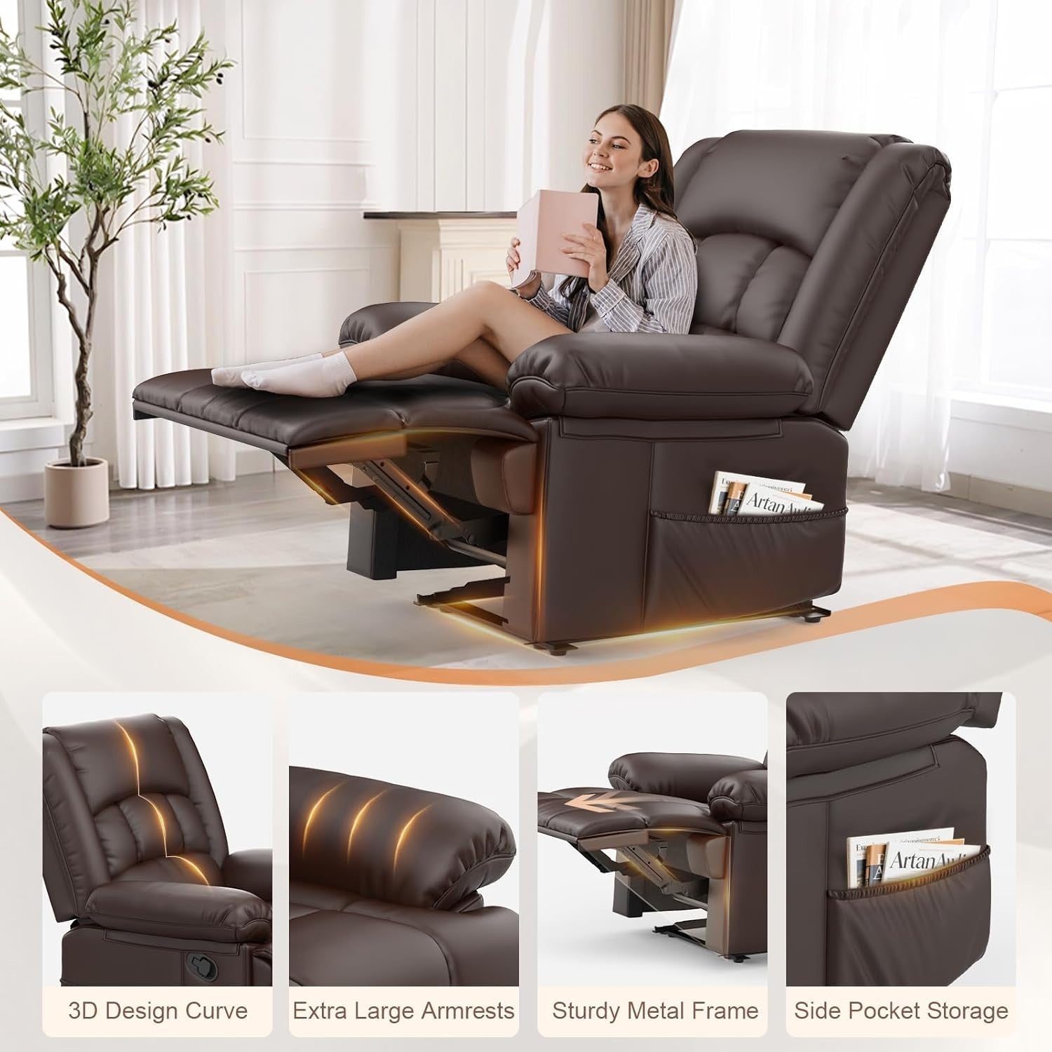 Manual Recliner Chair Massage Heat 135° Recline Footrest Dual Pockets Brown