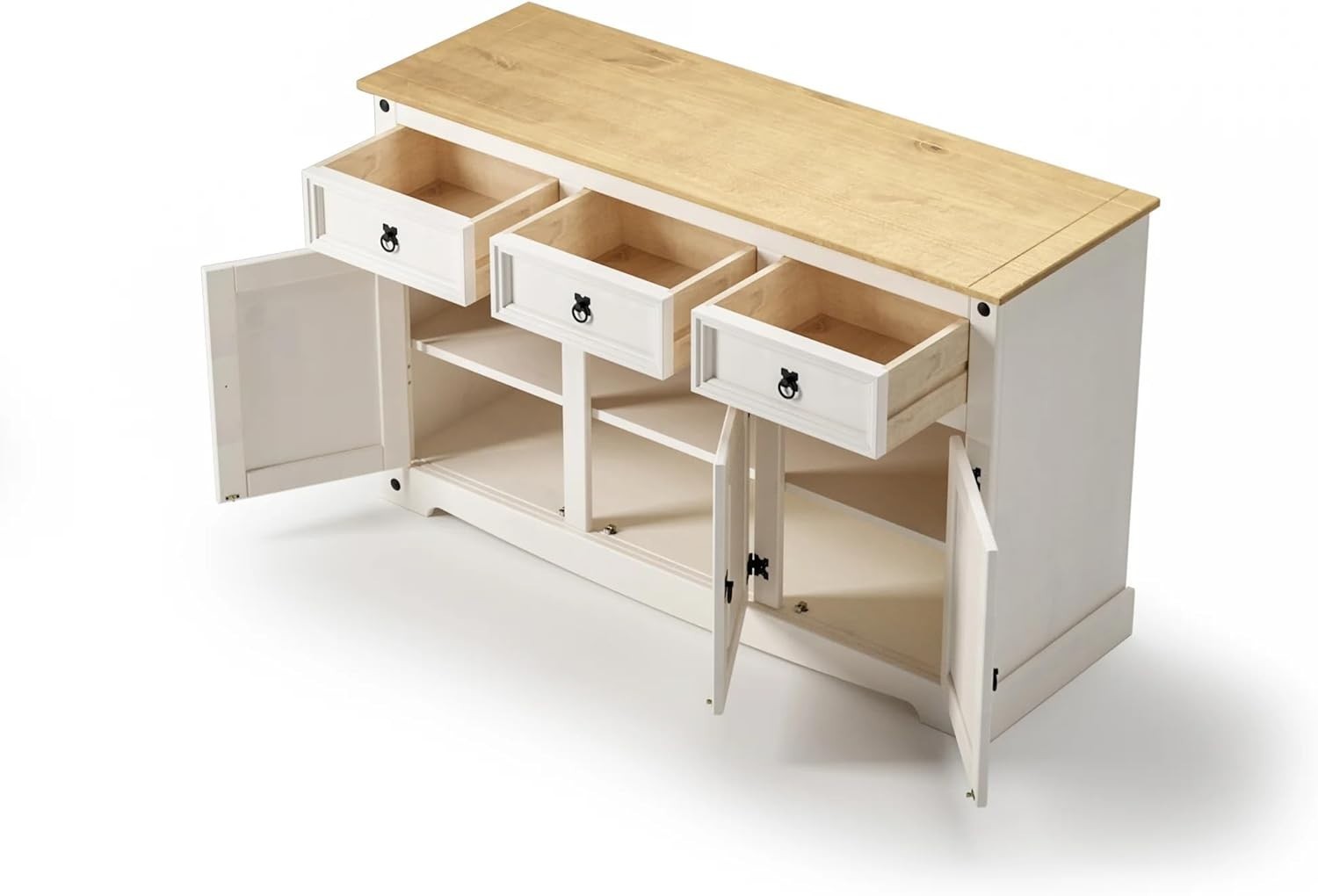 White Solid Pine Sideboard Cabinet 3 Door 3 Drawer Rustic Storage Unit**