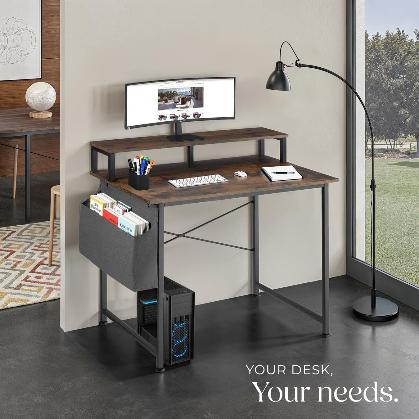 Computer Desk Dark Wood 120x60cm with Monitor Stand & Side Storage Bag