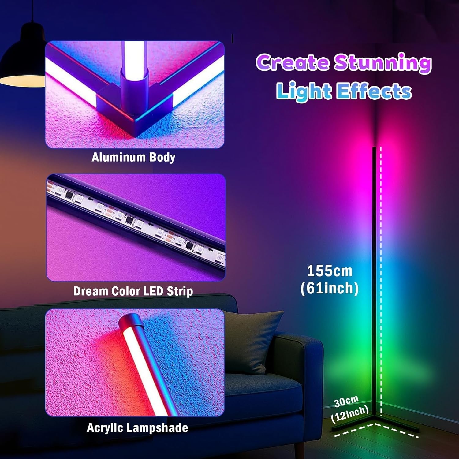 2 Pack Smart RGB Corner Floor Lamp App Remote Music Sync LED Mood Light