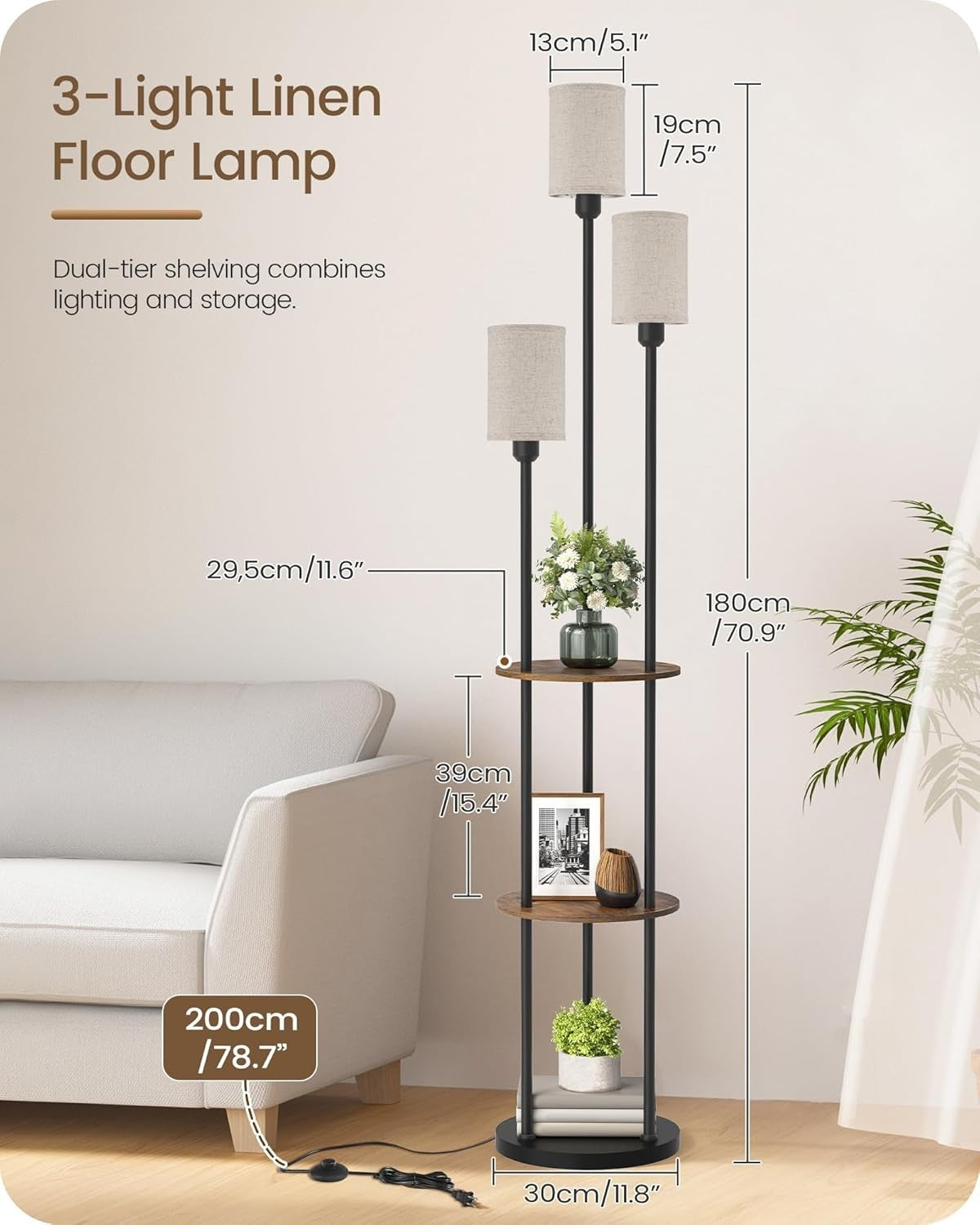 Industrial Floor Lamp with Shelves 3 Light Linen Shades Standing Lamp
