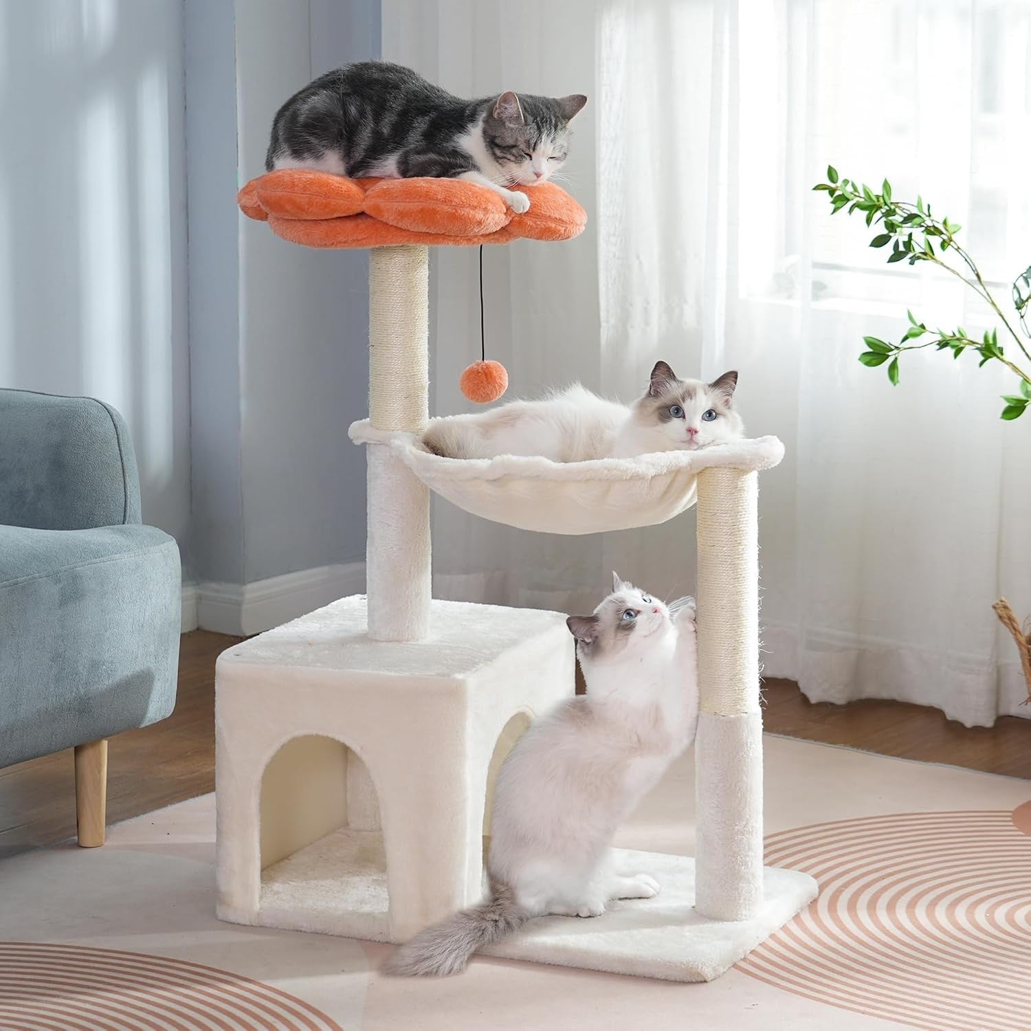 Beige Flower Cat Tree Tower with Hammock Condo Sisal Scratching Post