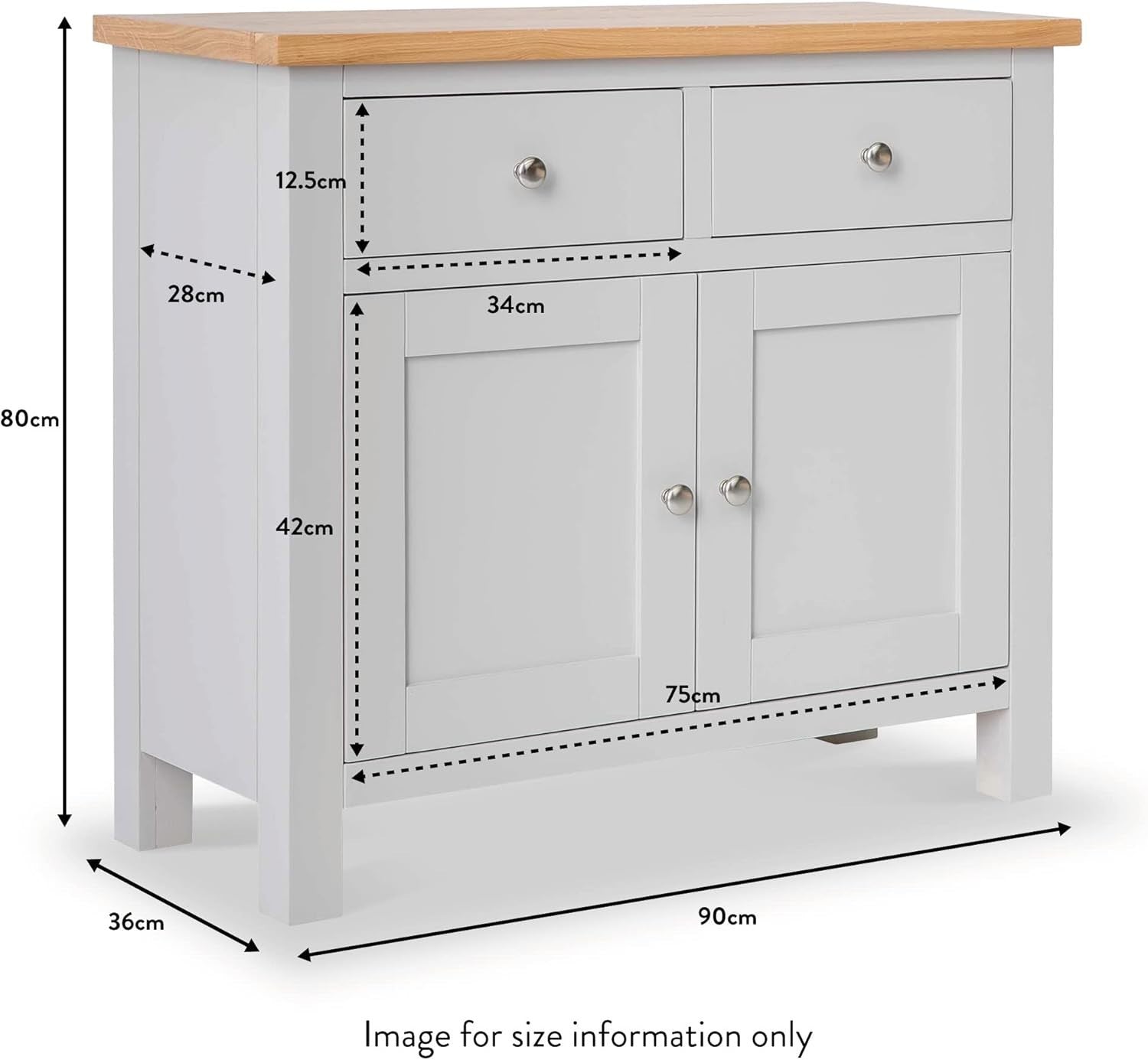 Solid Wood Grey Sideboard Cabinet with 2 Drawers & Oak Top for Hallway