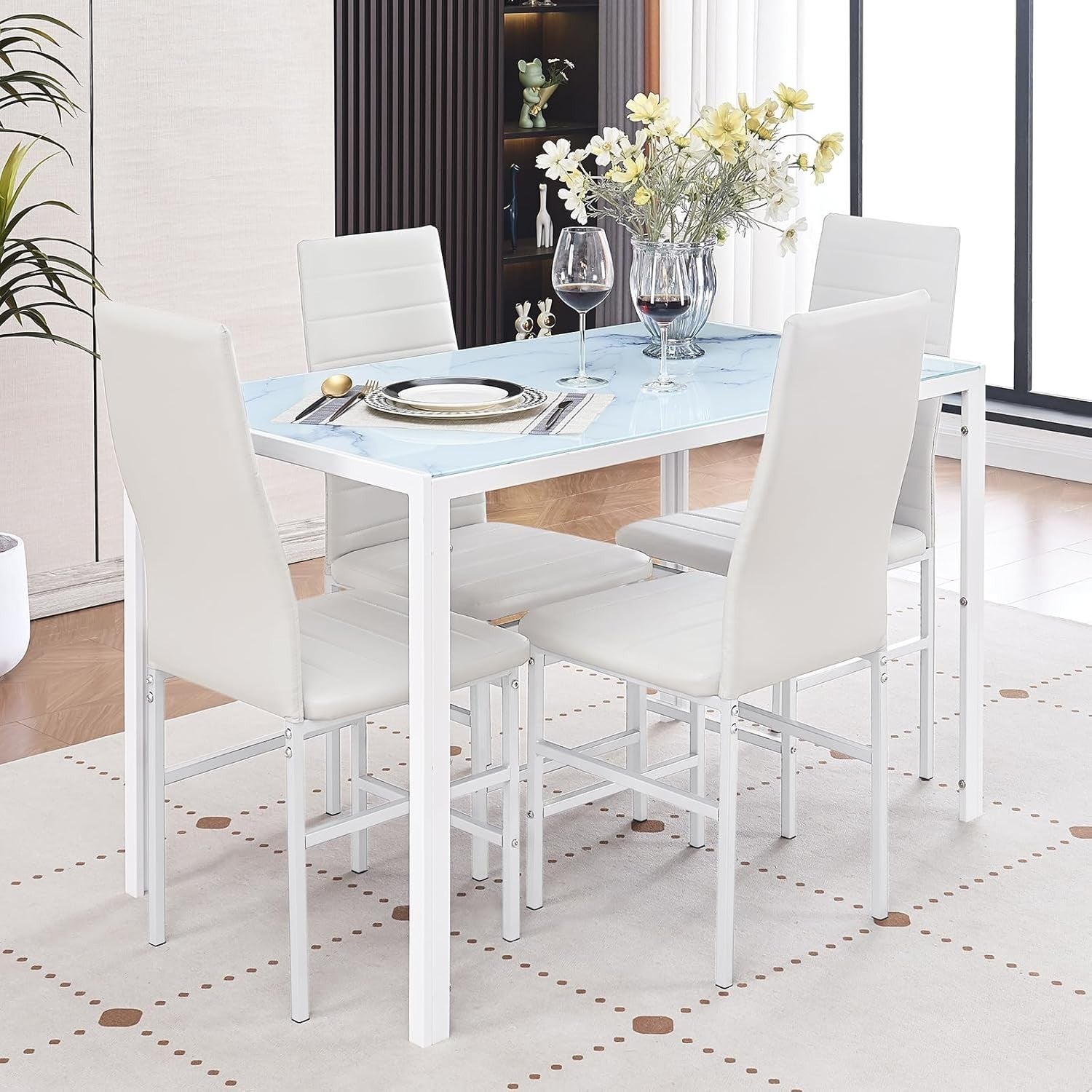 White Marble Glass 5-Piece Dining Set - Compact Rectangular Table + Chairs