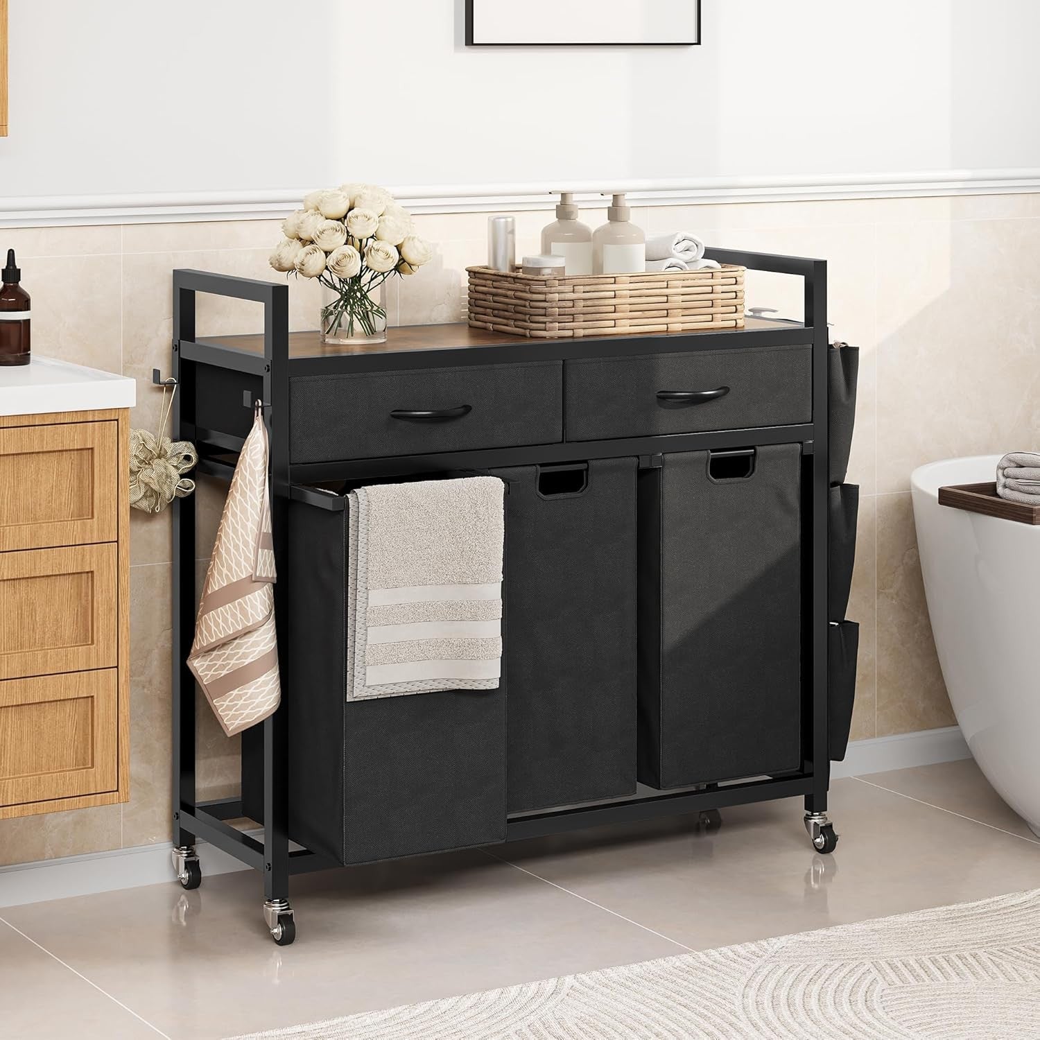 4-Compartment Laundry Sorter on Wheels with Shelf & 2 Drawers | 3 Removable Bags