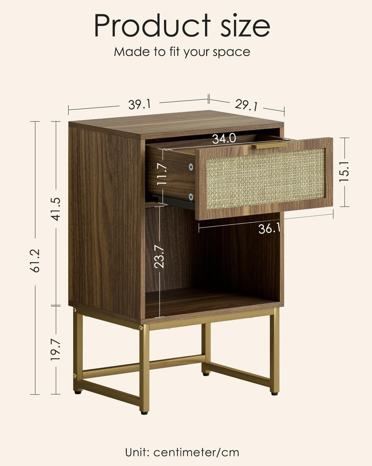 Modern Rattan Bedside Table with Drawer & Shelf – Walnut Wood Nightstand