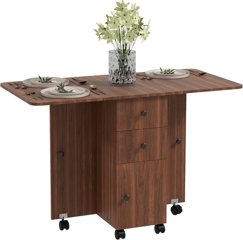 Folding Drop Leaf Dining Table 4-6 Seater on Wheels with Storage Brown
