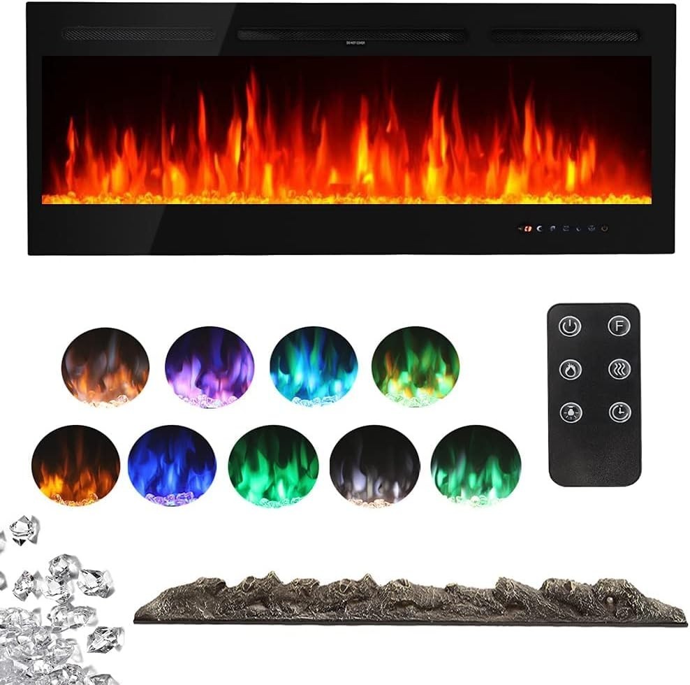60" Wall Electric Fireplace LED Flame Crystal Insert Remote Heater