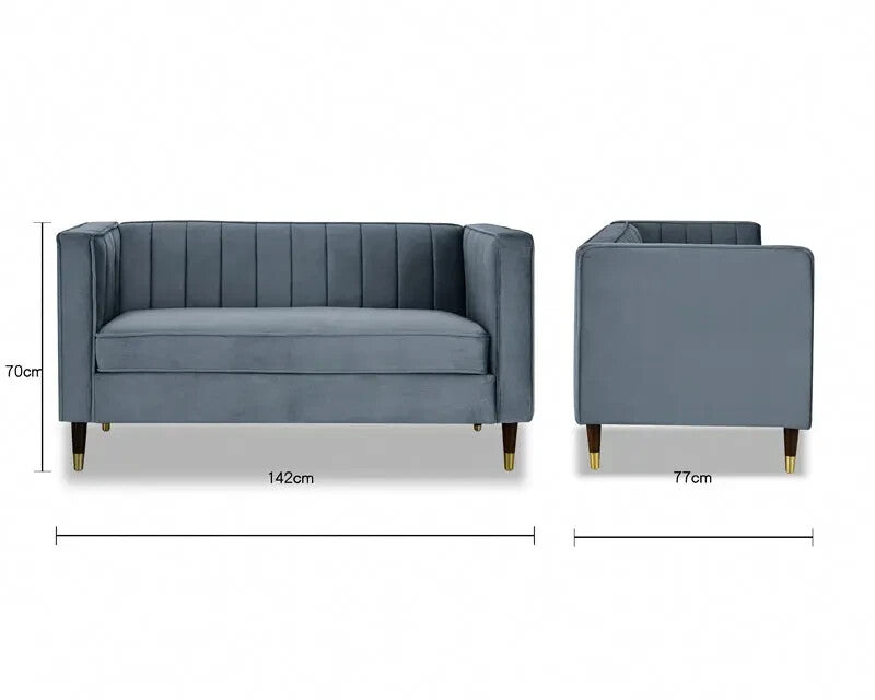 Grey Velvet 2 Seater Sofa Ribbed Back High Arms Wood Legs Modern Couch