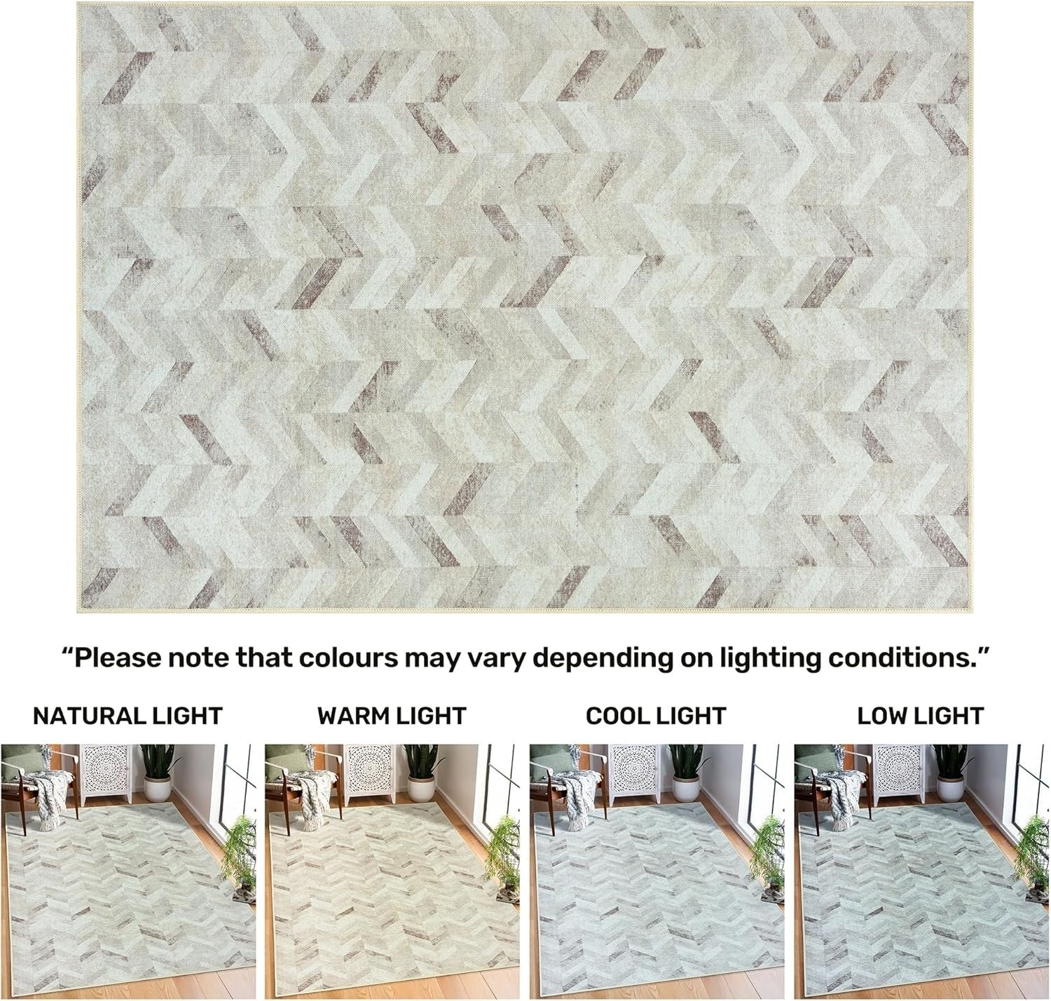 Washable Runner Rug 60x240cm Non-Slip Short Pile Cream Chevron Hallway Mat
