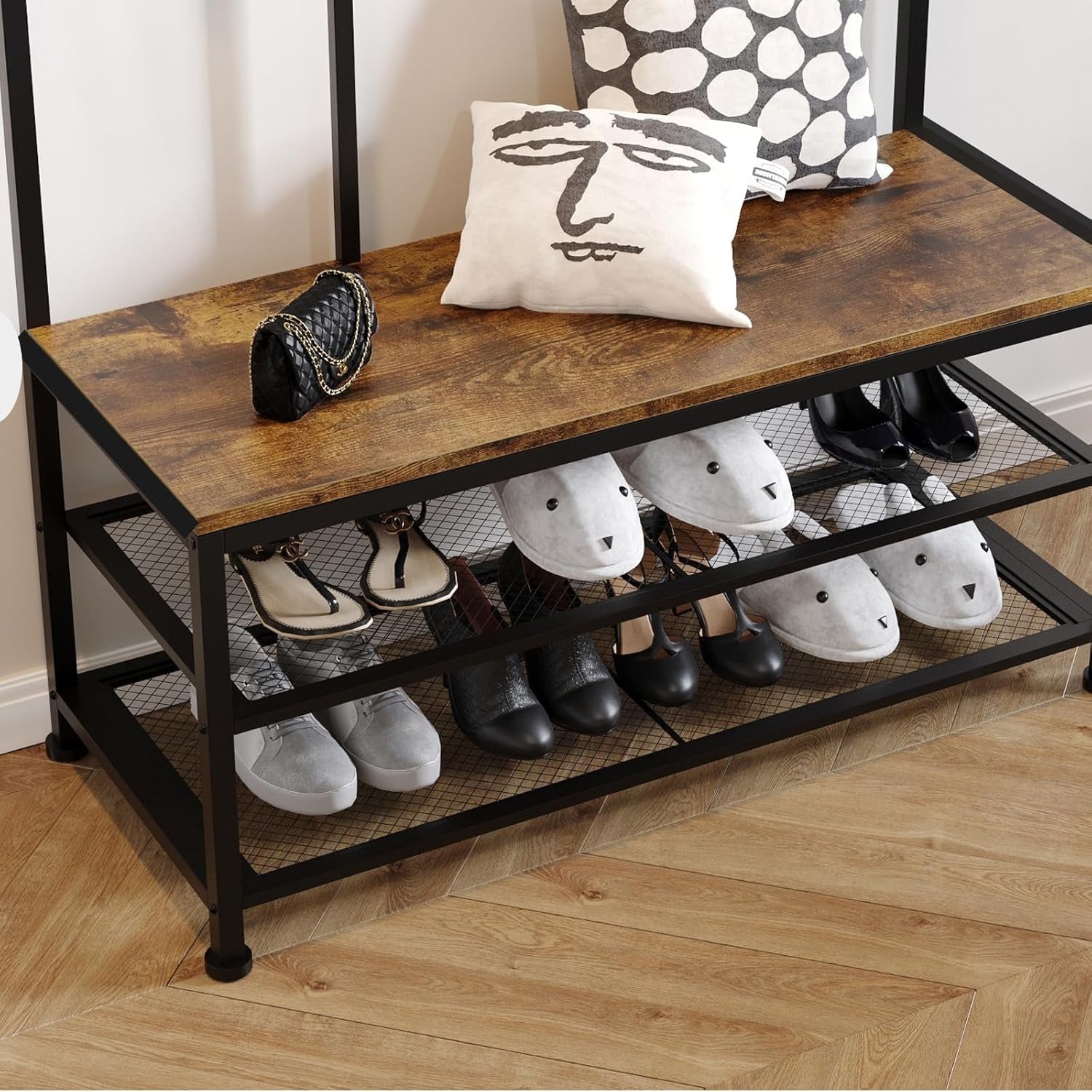 Industrial Coat Rack with Bench 3-in-1 Shoe Storage Hall Tree 12 Hooks 184cm