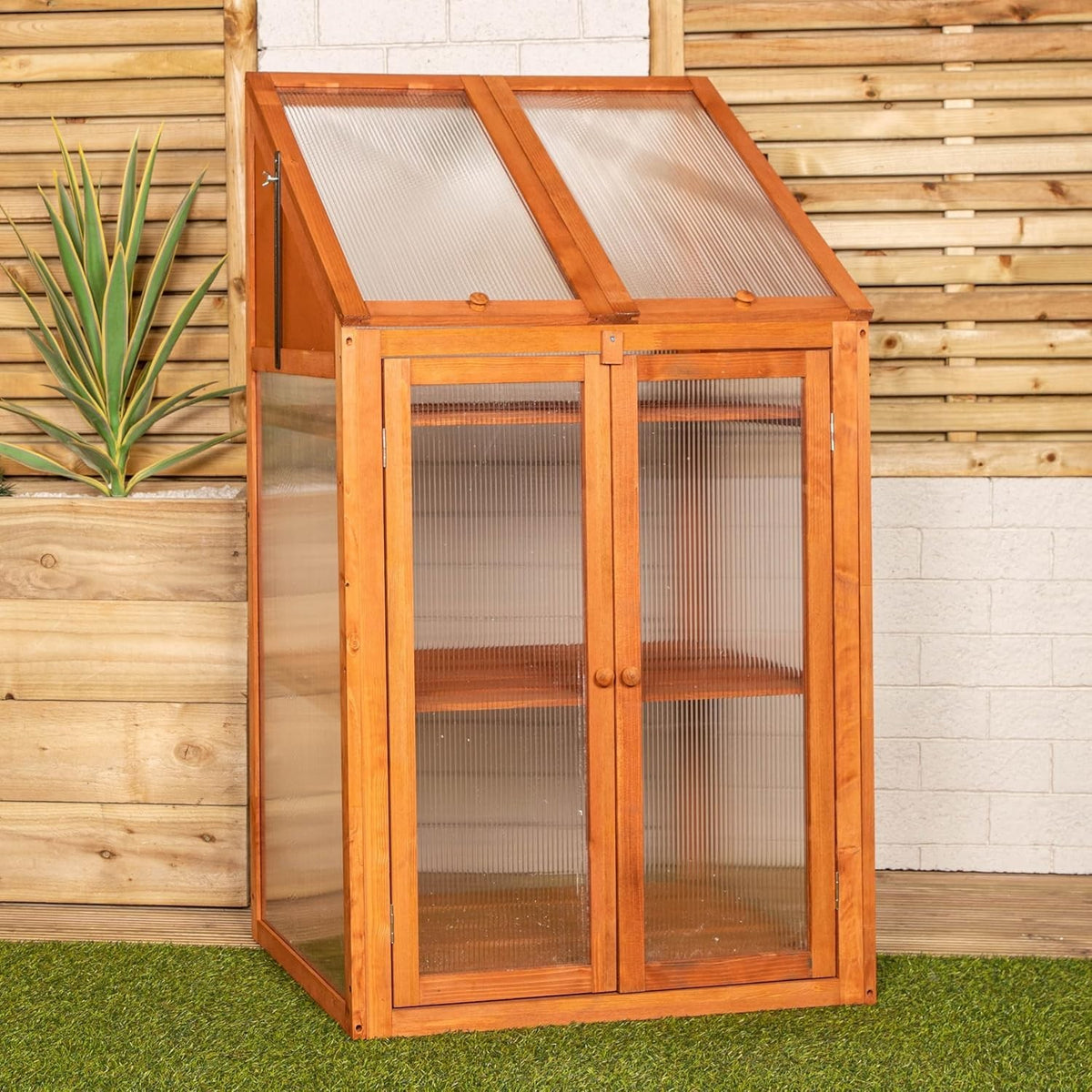Wooden Mini Greenhouse Cold Frame with Polycarbonate Panels H120xW69xD49cm
