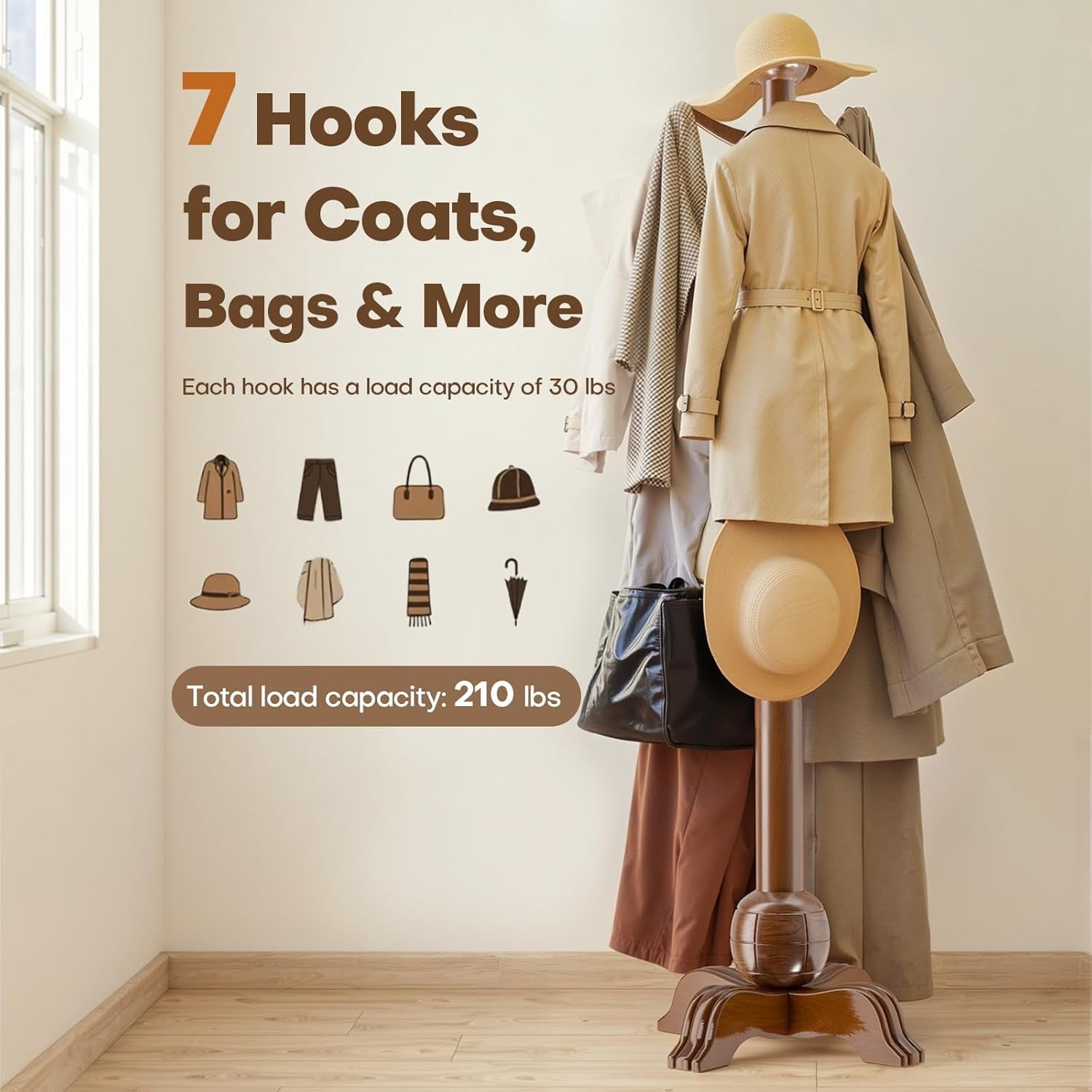 Wooden Coat Rack Stand Freestanding 7 Hooks Sphere Base Hall Tree Walnut