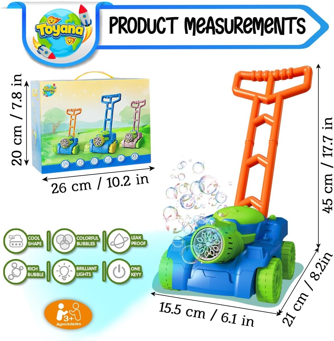 Kids Bubble Lawn Mower Toy with Lights & 2 Bubble Solutions