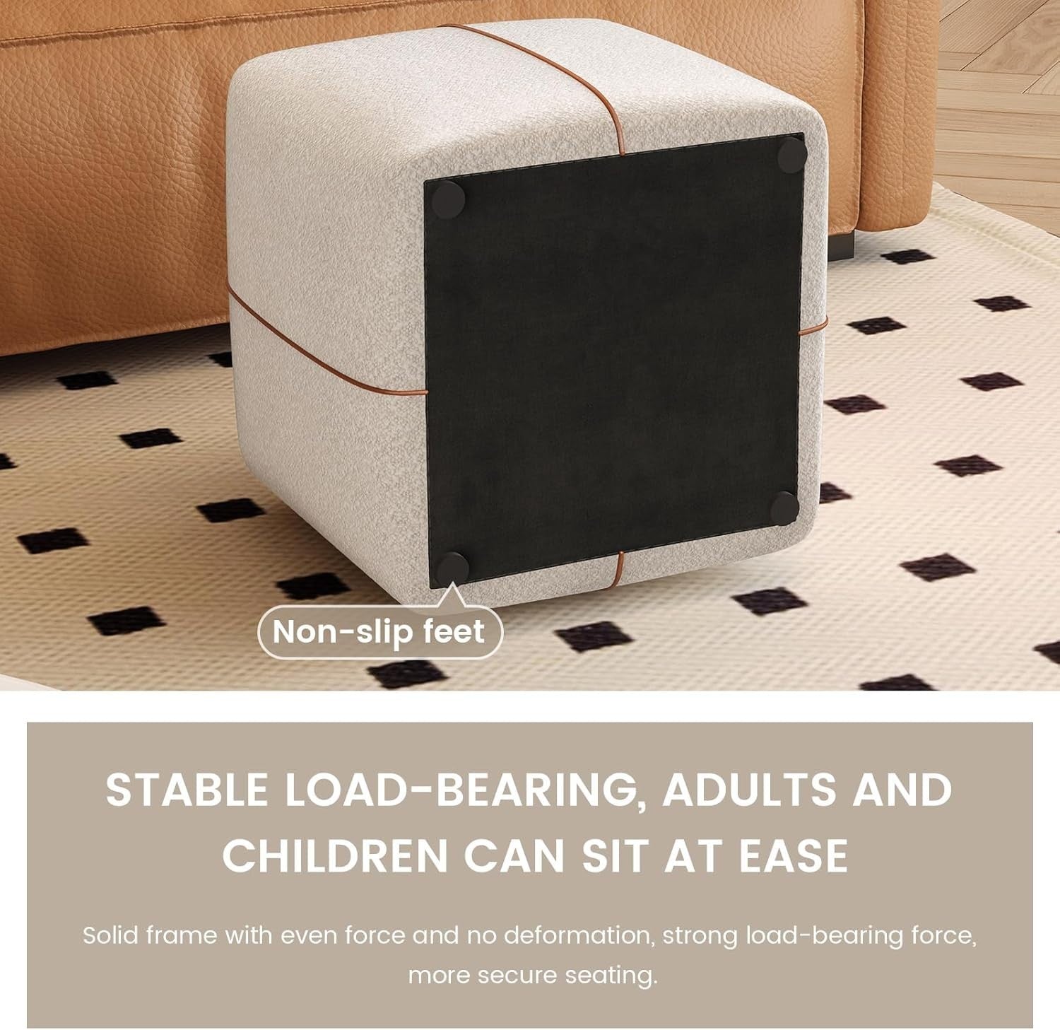Beige Square Vanity Stool – Soft Fabric Ottoman Seat for Bedroom & Living Room