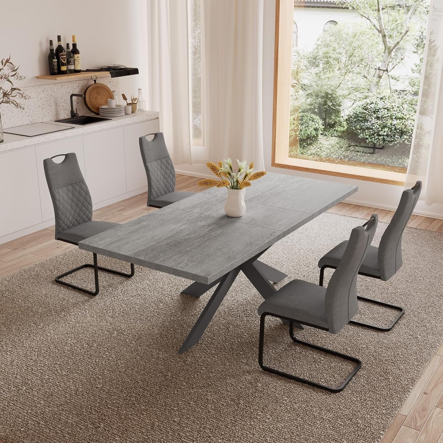 Extendable Dining Table Set 4 Seater Grey Chairs MDF Kitchen Living Room