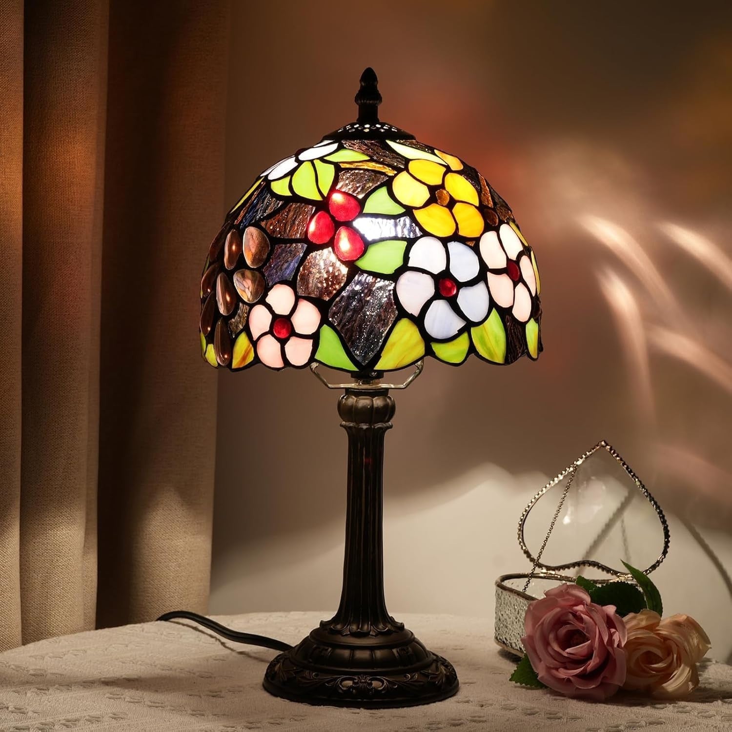 Stained Glass Table Lamp Grape Flower 8x14 Inch Bedside Light