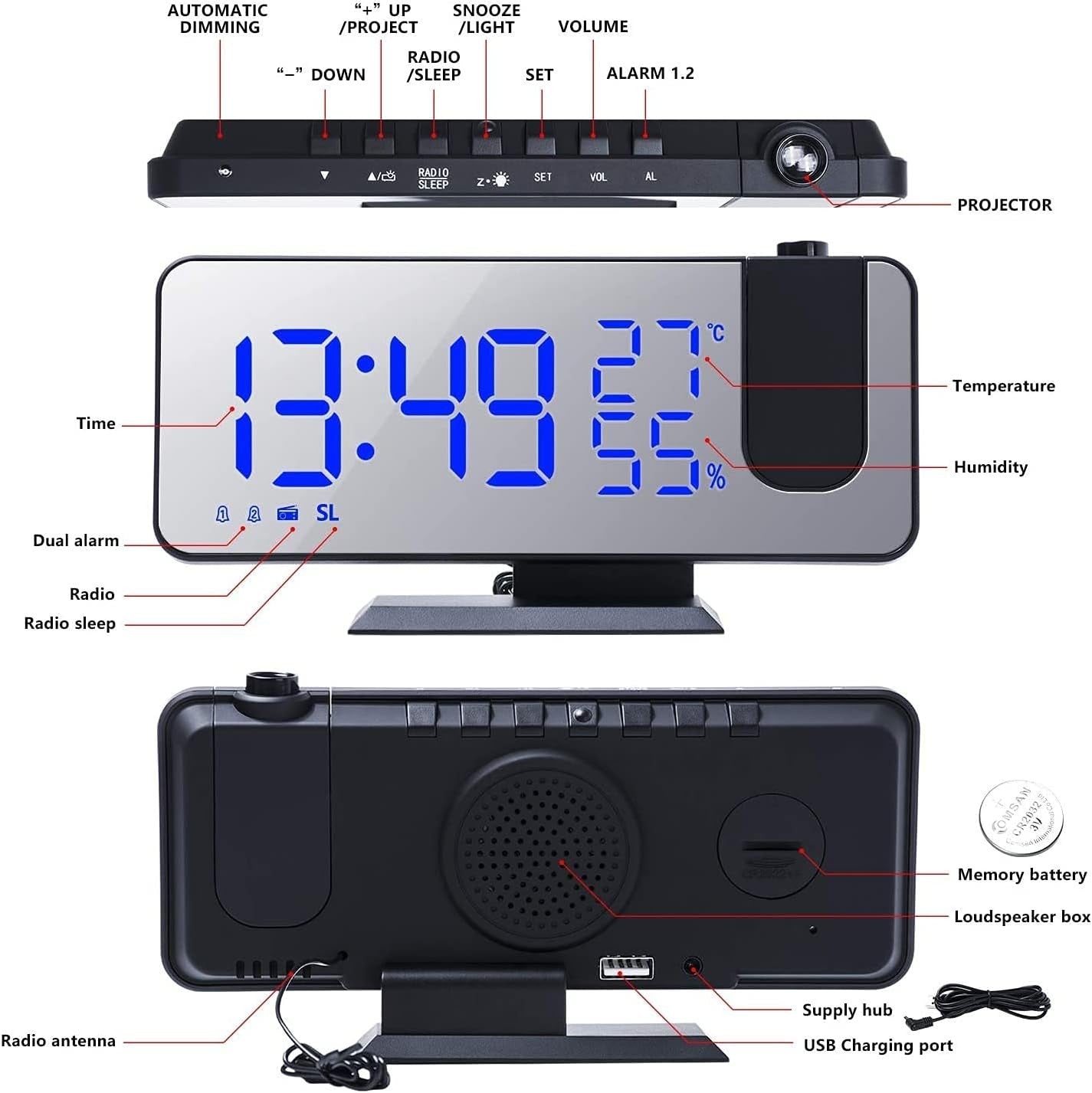 Black Projection Alarm Clock FM Radio USB Charger LED Temperature Display